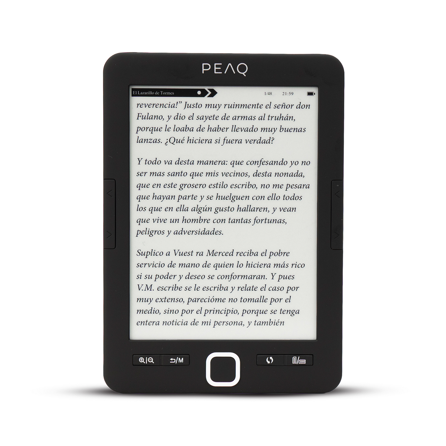 Un e-reader negro muestra texto en su pantalla. La marca PEAQ es visible.