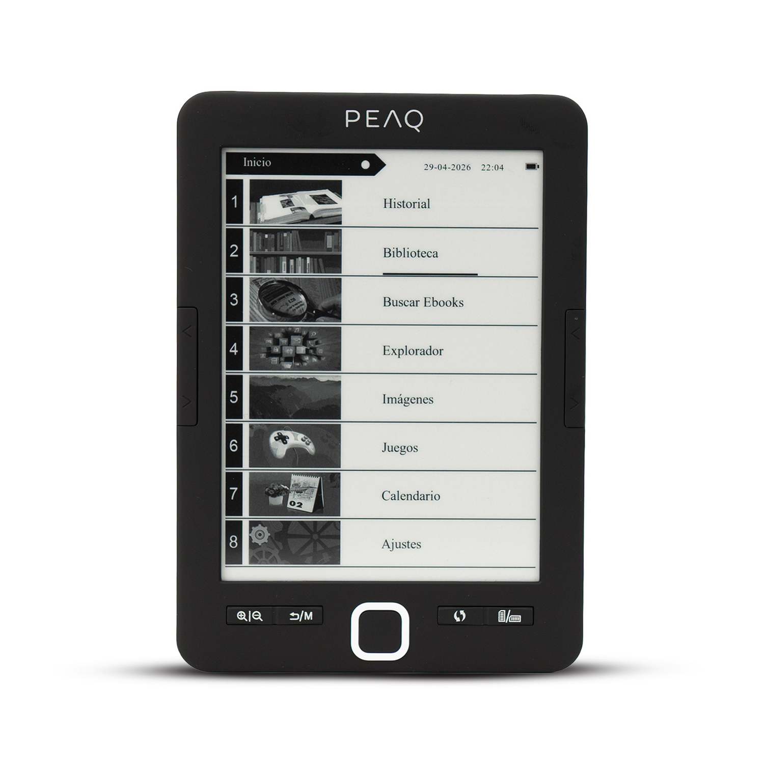 Un e-reader negro que muestra una lista de menú con pequeñas miniaturas de vista previa.