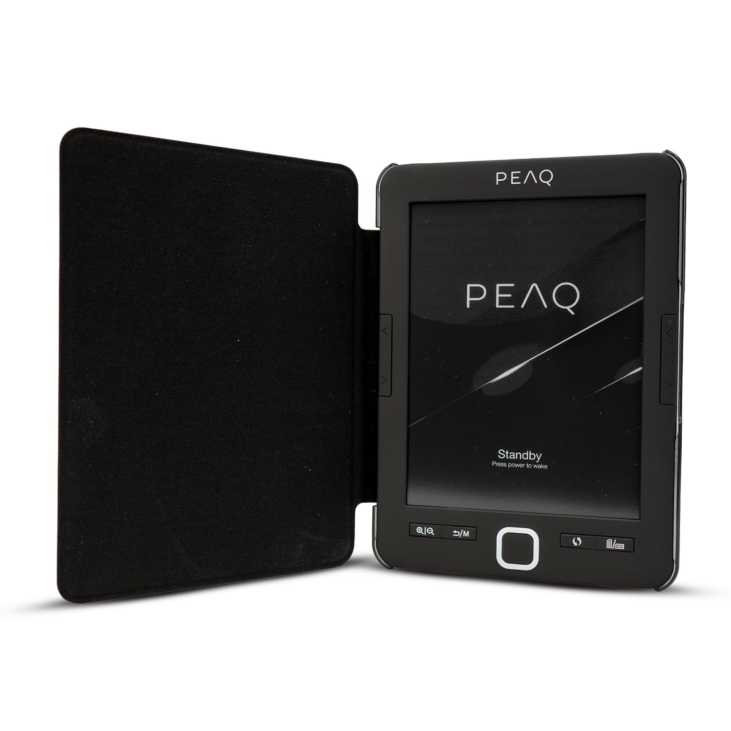 Un lector de libros electrónicos negro con la funda abierta descansa sobre fondo blanco.
