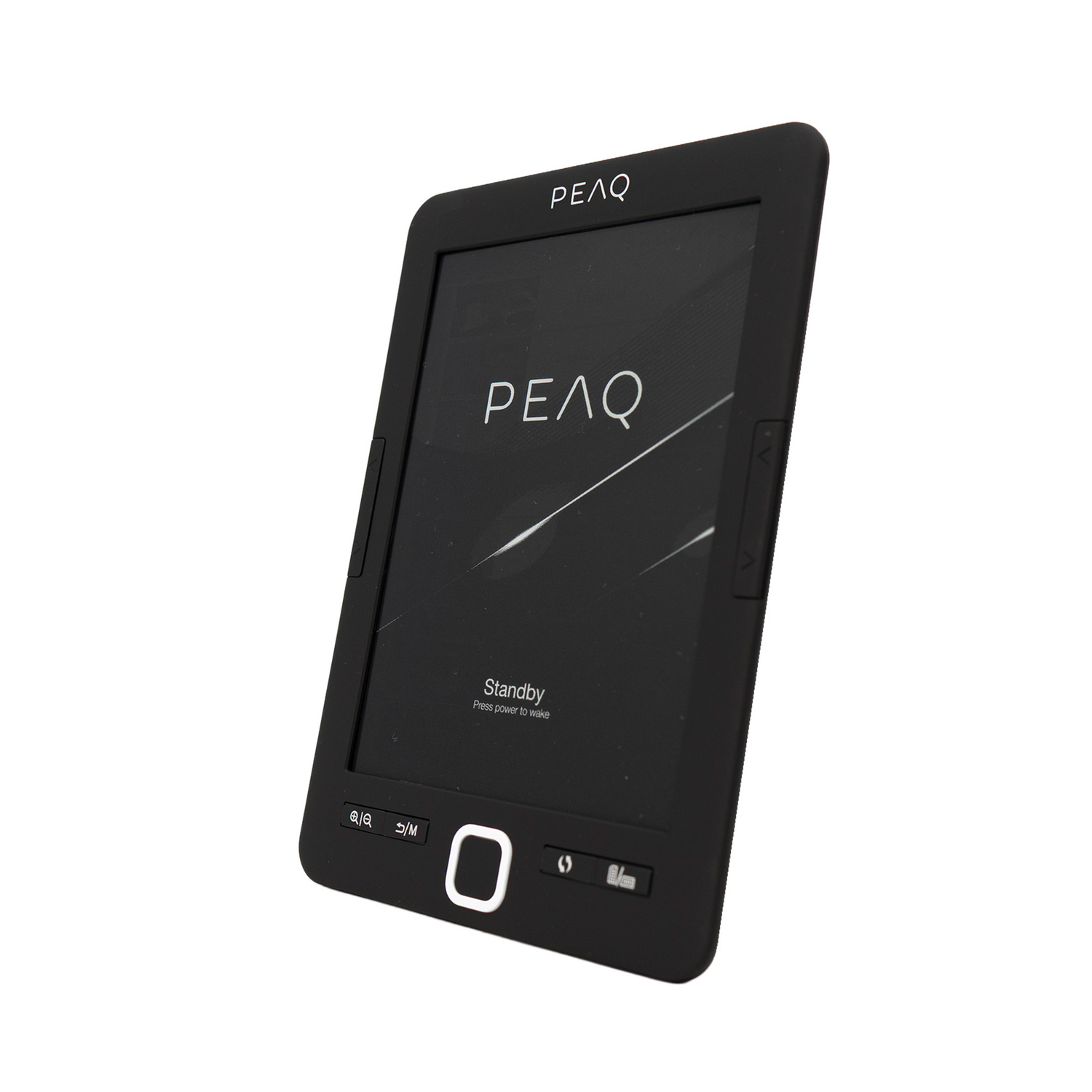 Lector de libros electrónicos negro en modo de espera. Pantalla muestra "Standby".