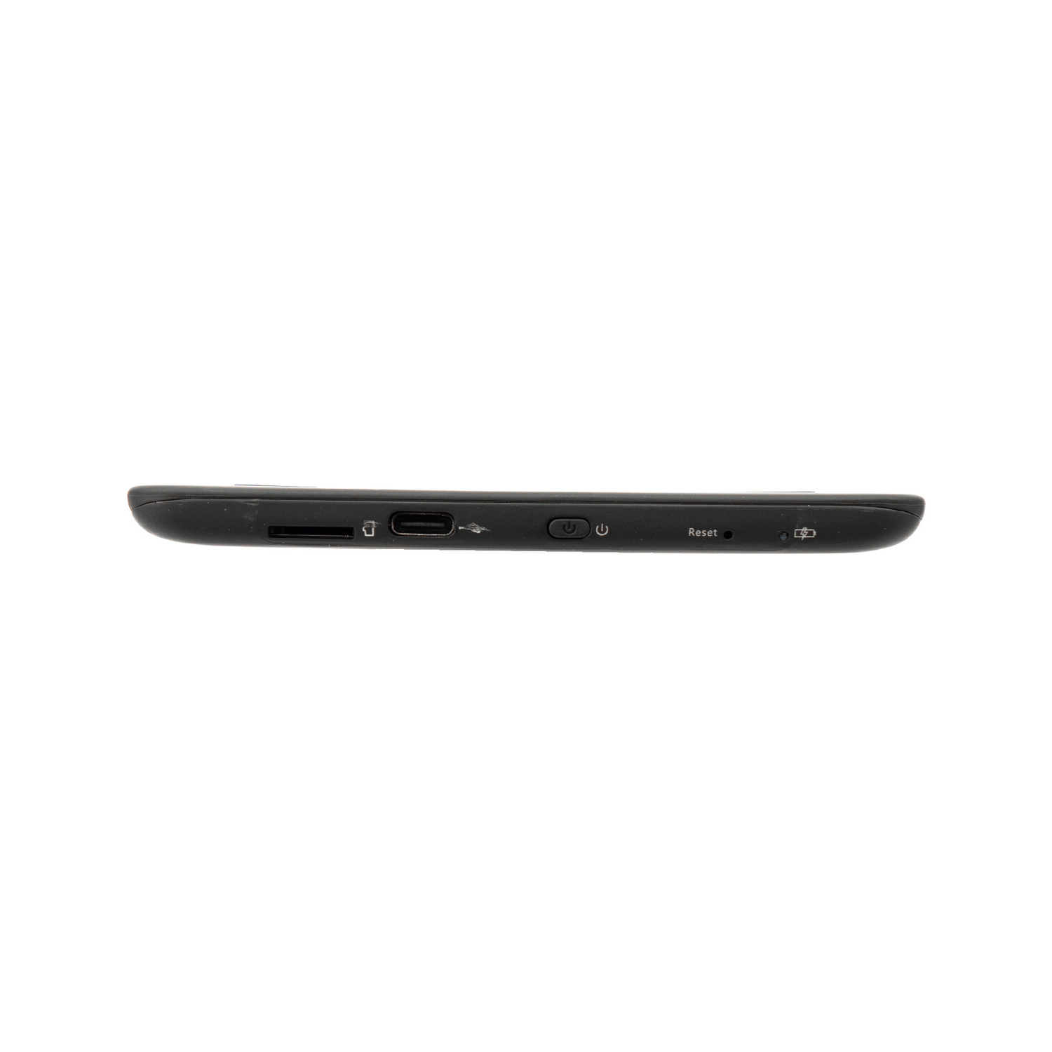 Un dispositivo negro con puertos: tarjeta SD, USB-C, botón de reinicio, símbolo de energía.