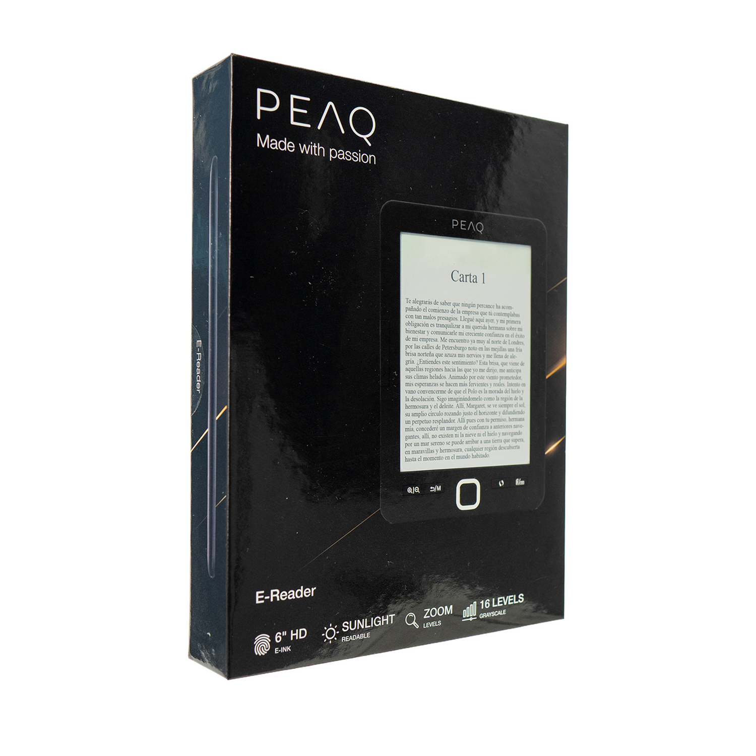 Un lector electrónico PEAQ negro con un libro en la pantalla.