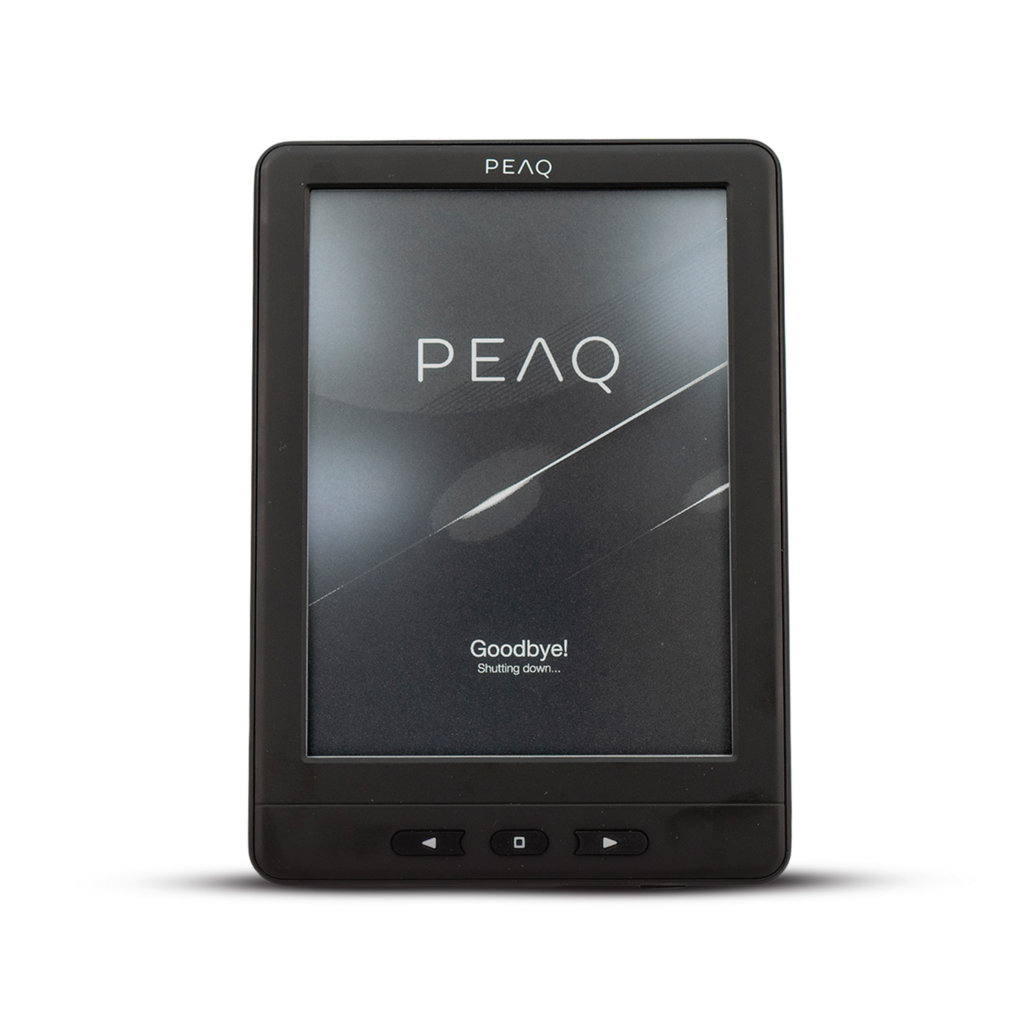 Un e-reader negro que muestra el logo de PEAQ y "Goodbye! Shutting down..."