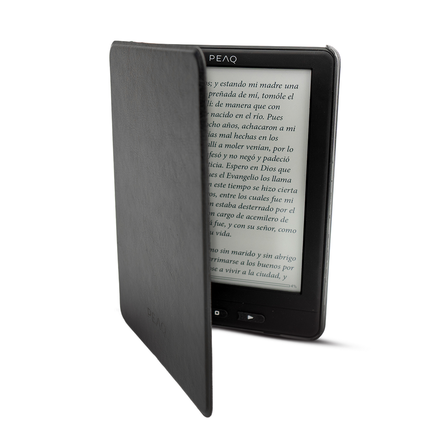 Un e-reader negro con una cubierta de cuero abierta que muestra texto en su pantalla.