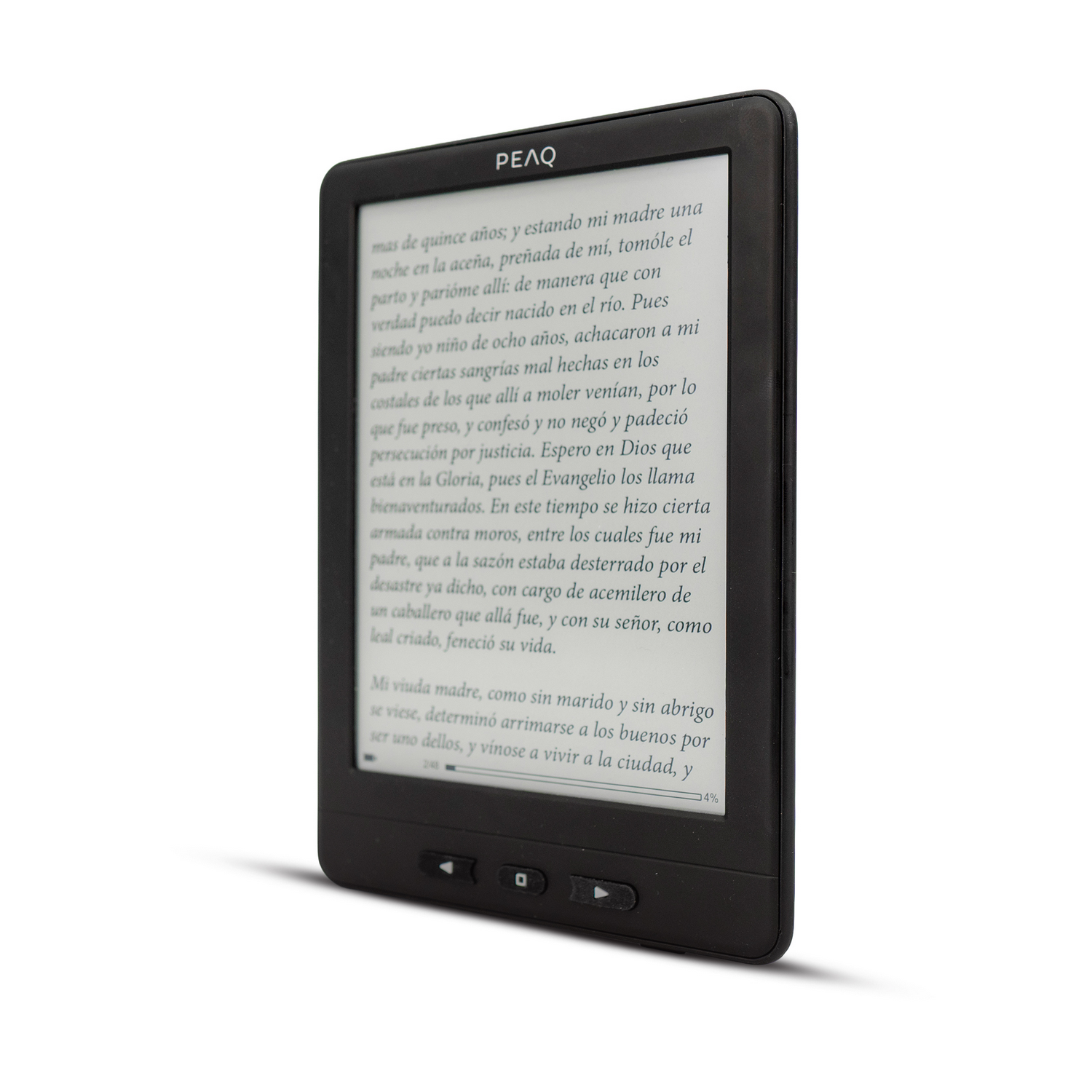 Un dispositivo e-reader negro mostrando texto en su pantalla.