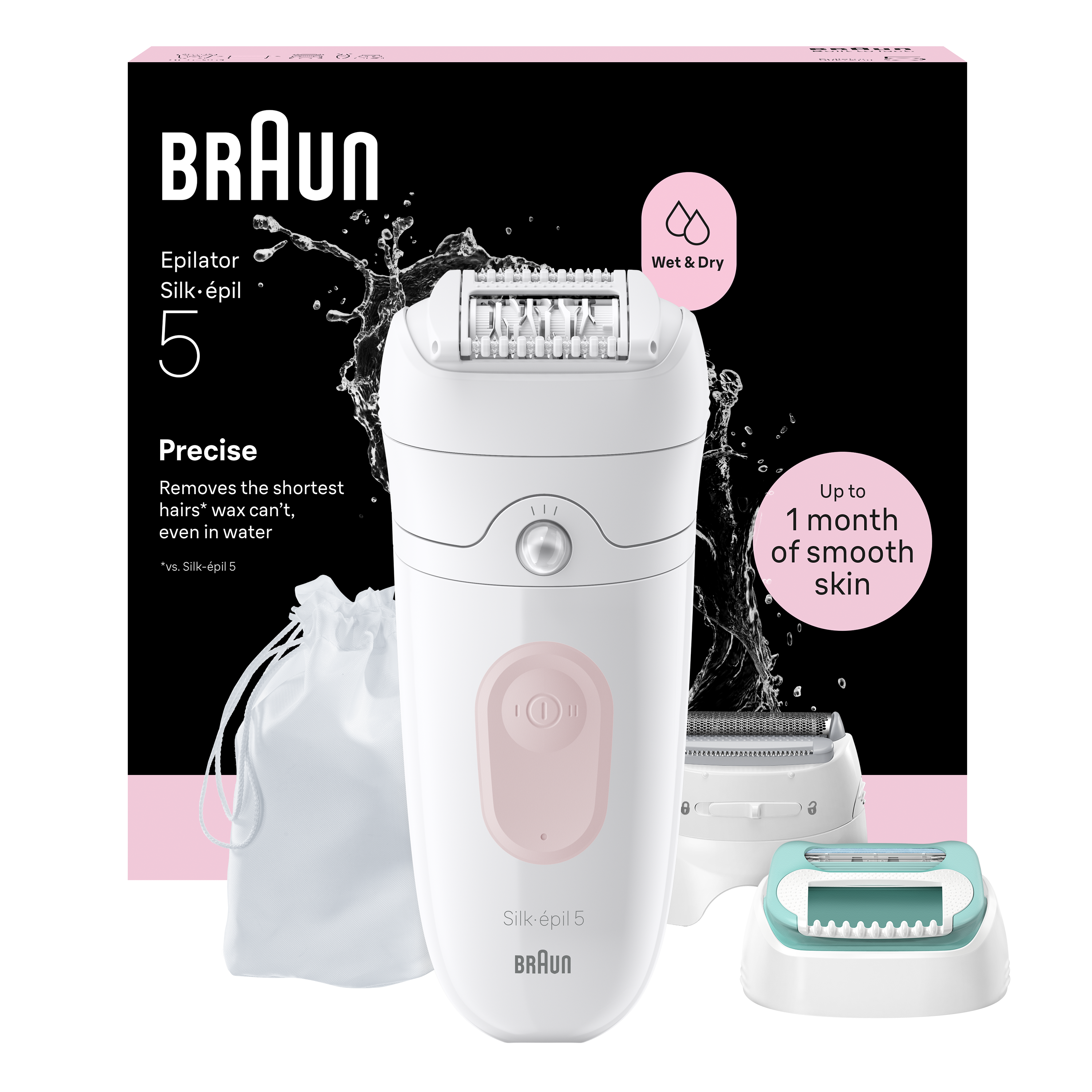 Depilator Braun Silk-épil 5 z akcesoriami, do użytku na mokro i sucho.