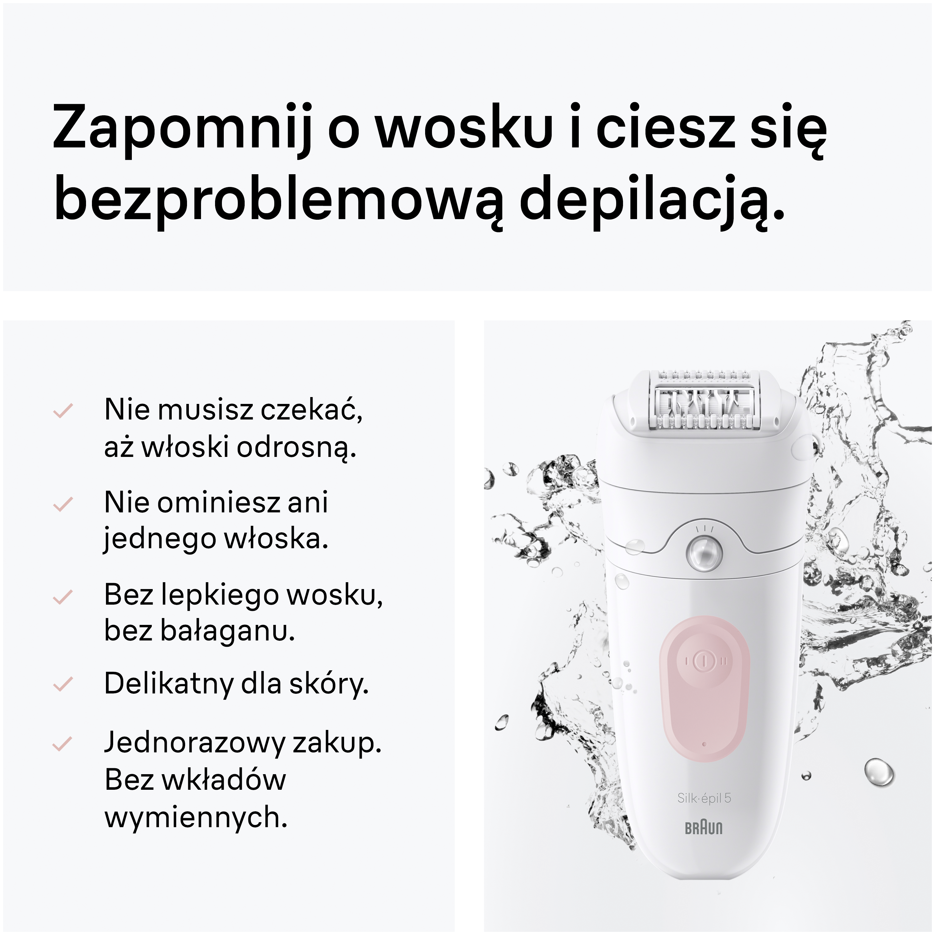 Biały depilator Braun Silk-épil 5 z różowymi detalami, otoczony bryzgami wody.