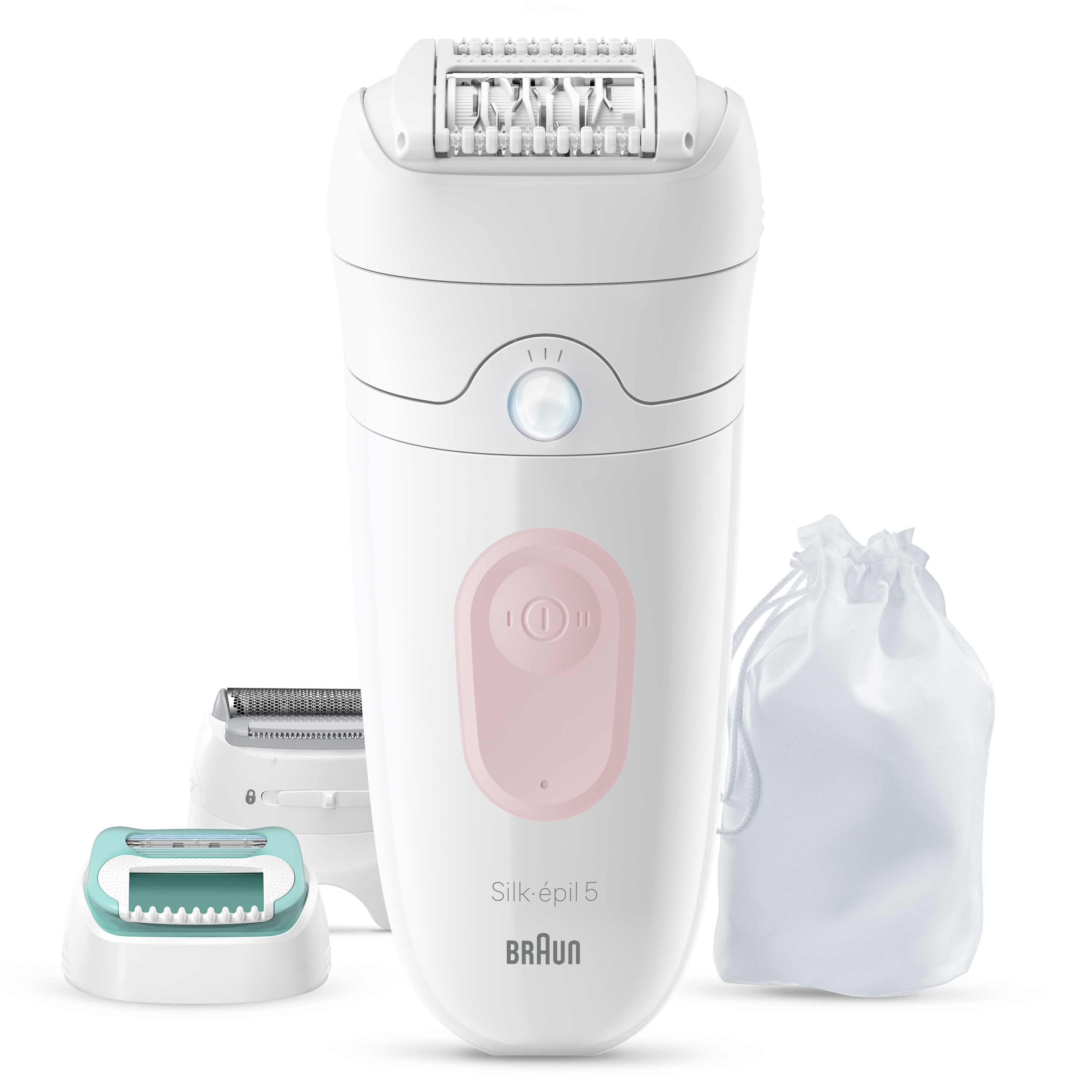 Biały depilator Braun Silk-épil 5 z akcesoriami i woreczkiem, na białym tle.