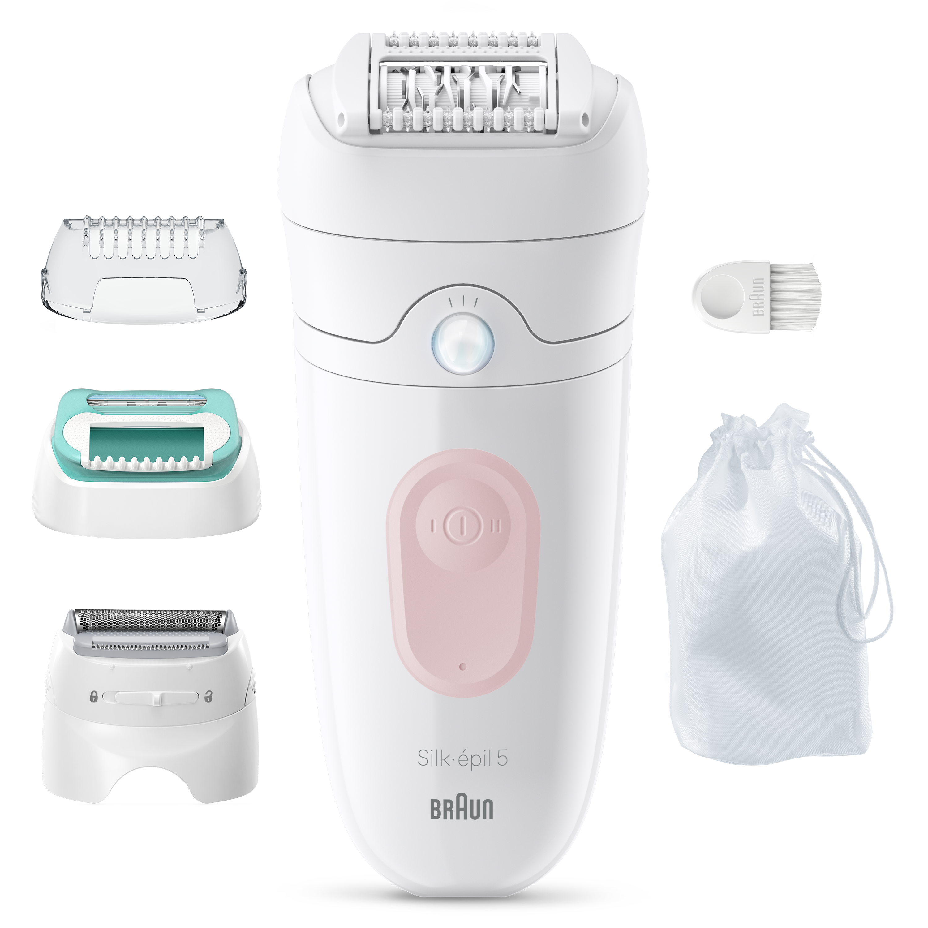 Biały depilator Braun Silk-épil 5 z akcesoriami na białym tle.