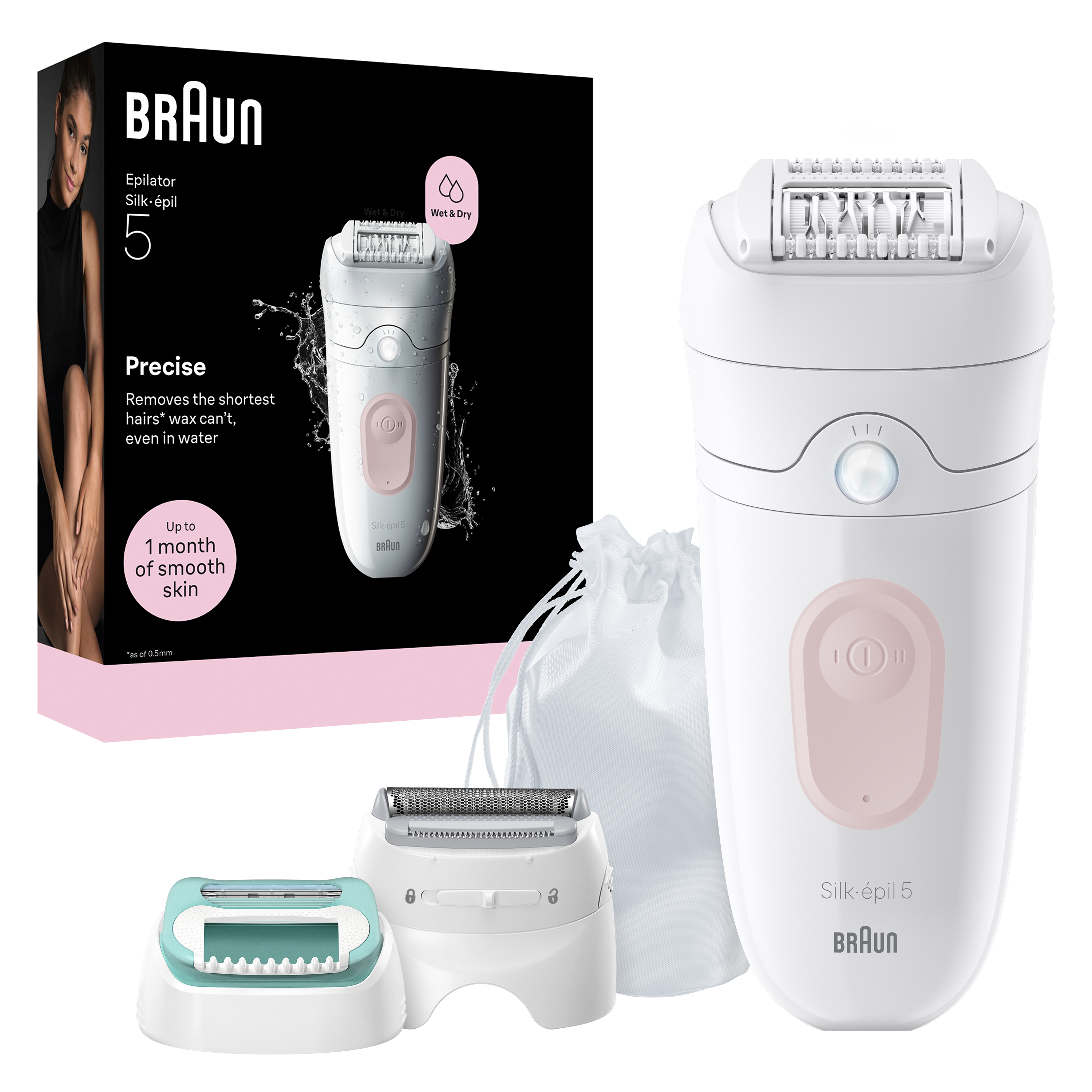 Depilator Braun Silk-épil 5 z akcesoriami i opakowaniem, do użytku na mokro i na sucho.