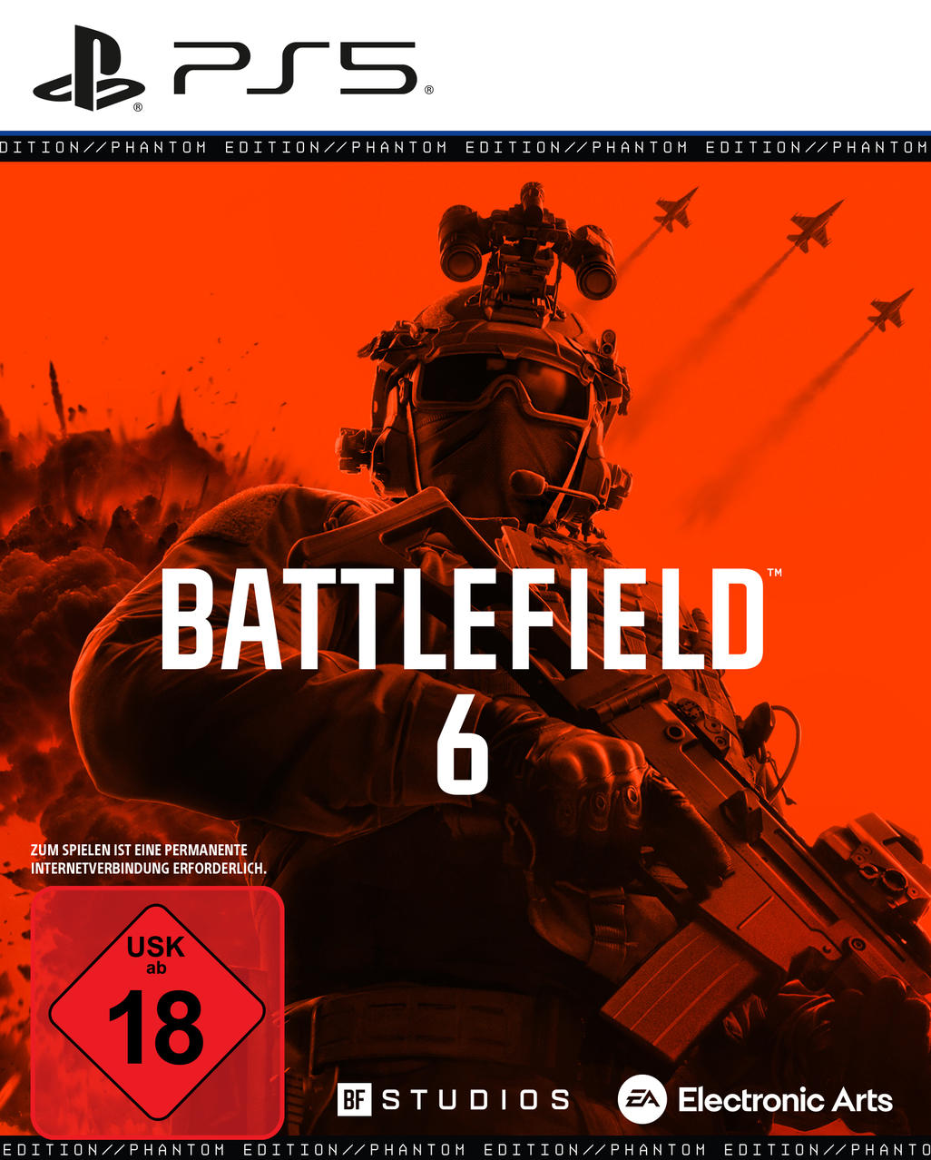 Cover von Battlefield 6 für PS5 mit Soldat, Jets und USK 18 Siegel.
