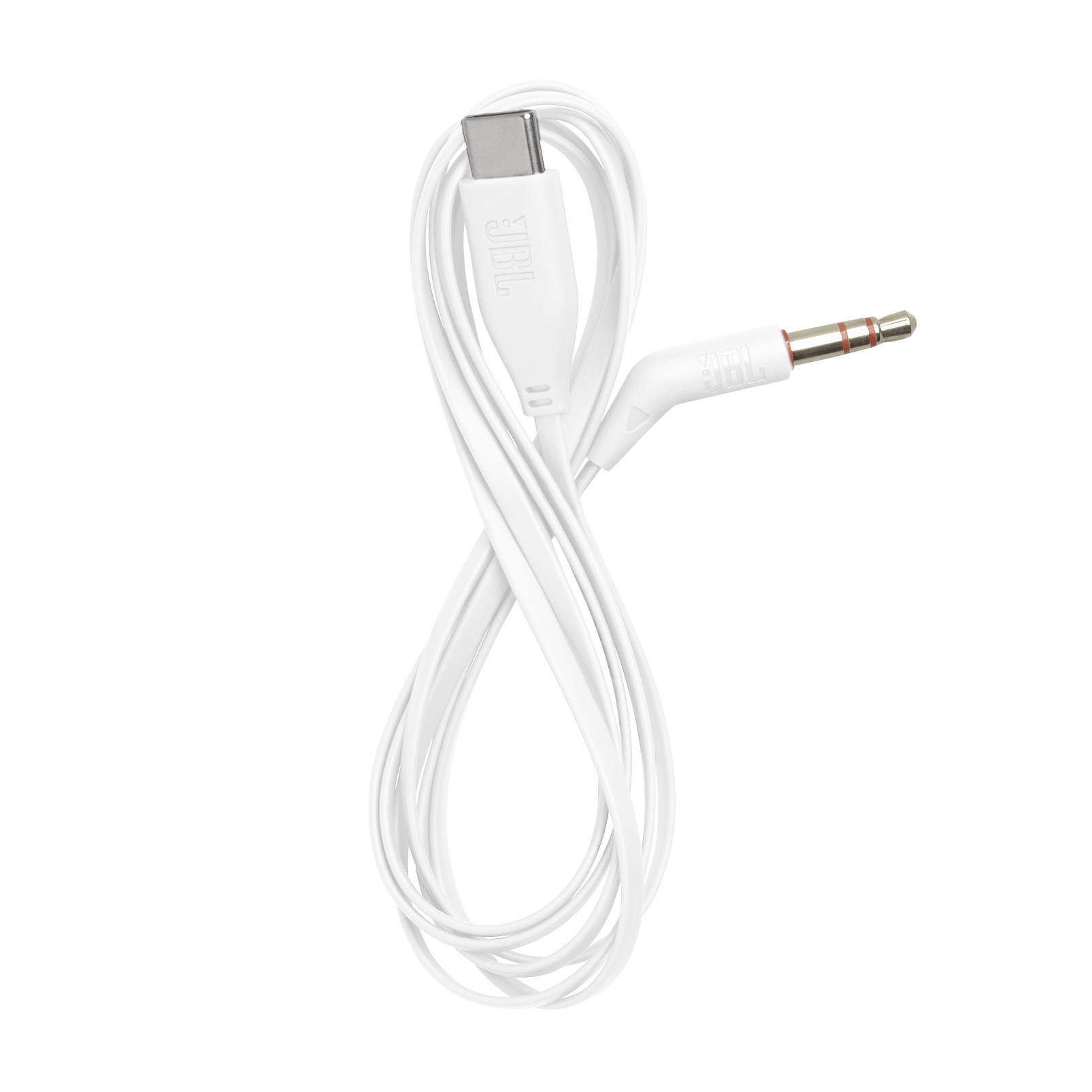 Ein weißes JBL-Kabel mit USB-C- und 3,5-mm-Steckern.