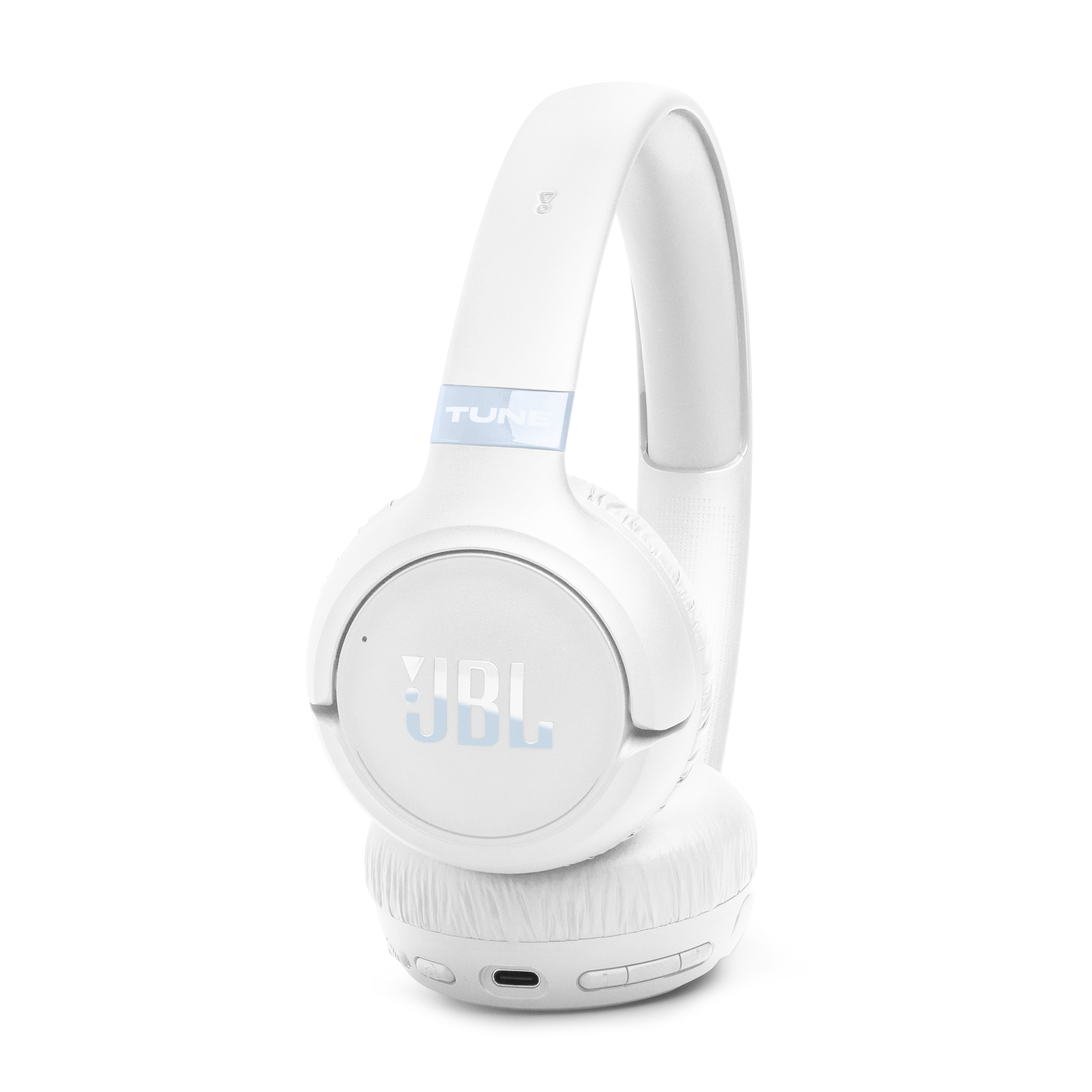 Weiße JBL-Kopfhörer mit blauem Akzent und dem Schriftzug "TUNE".