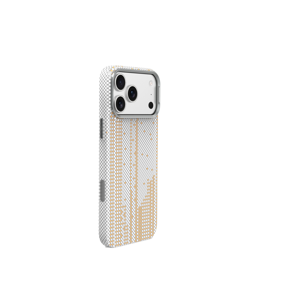Kareli deseni ve turuncu vurguları olan beyaz iPhone kılıfı.