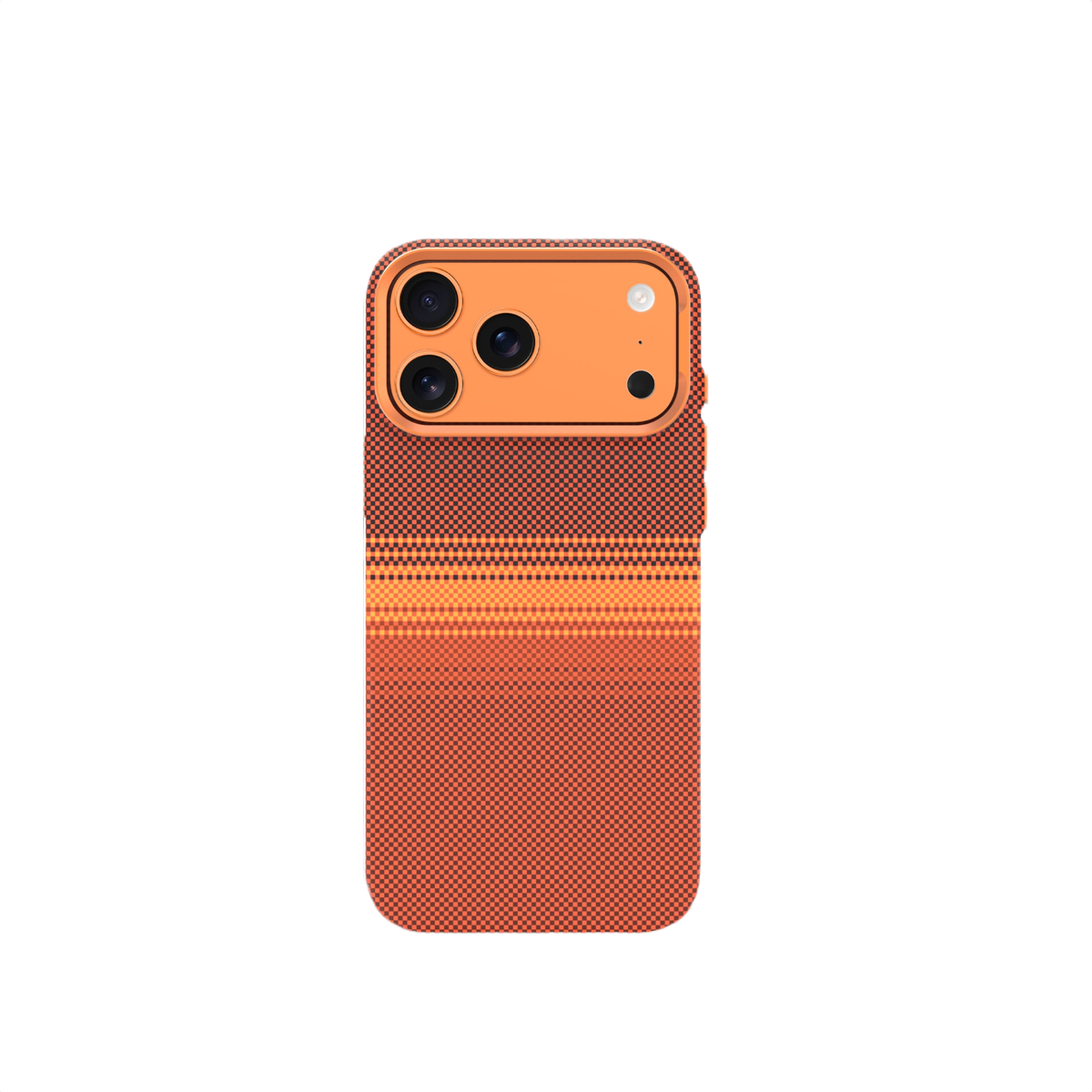 Üç kameralı, damalı desenli turuncu telefon kılıfı.