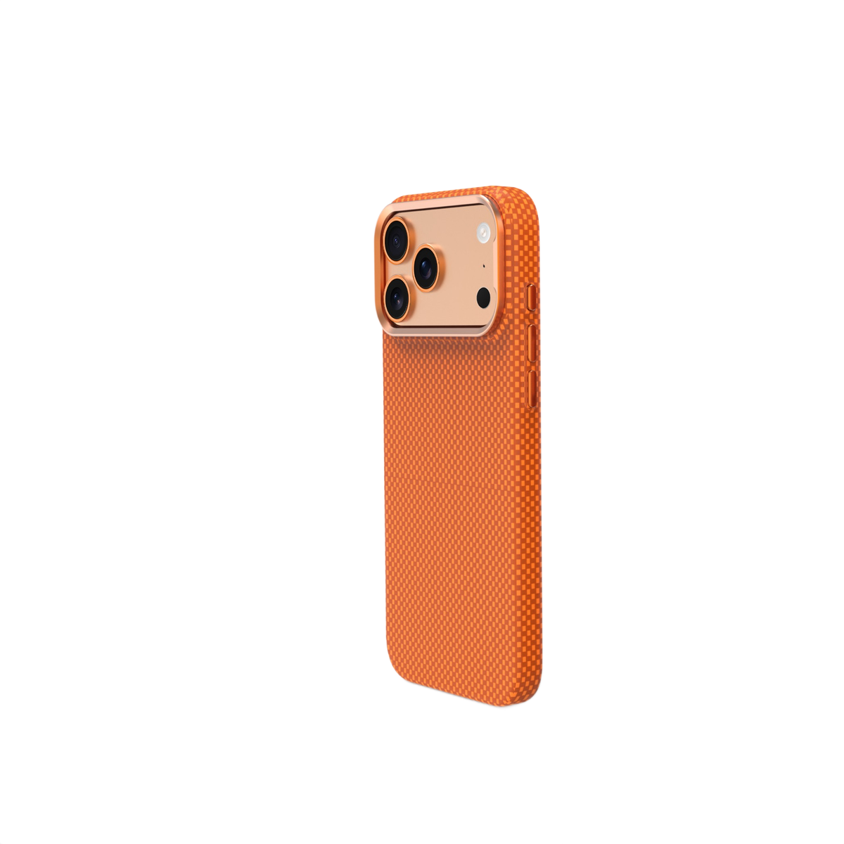 Üç kamera lensli ve flaşlı turuncu telefon kılıfı.