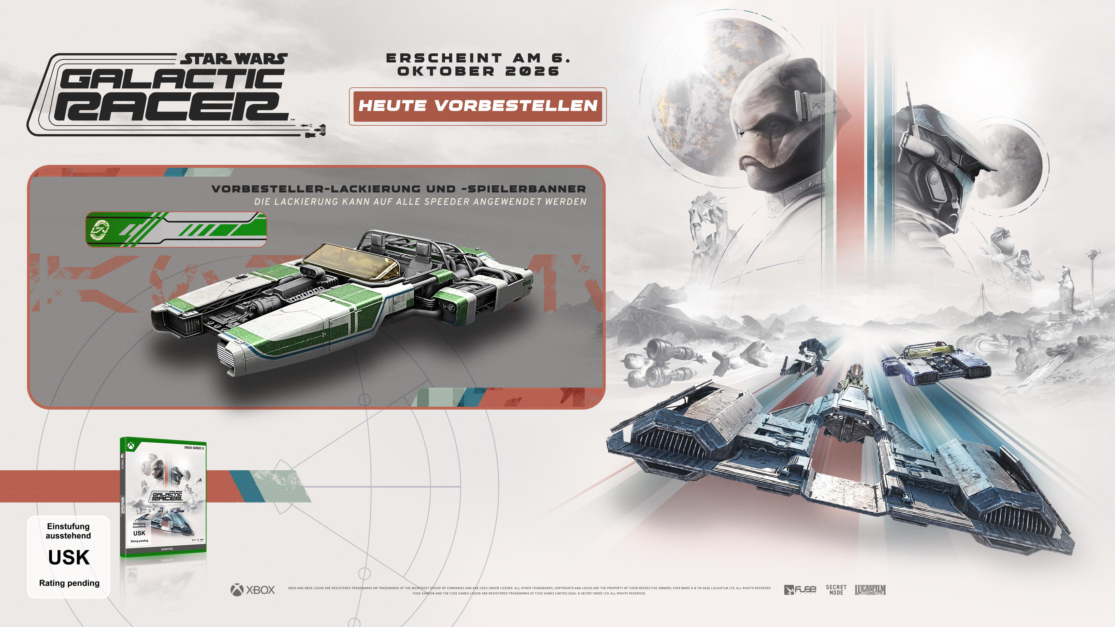 Star Wars Galactic Racer: Rennspiel-Artwork mit Speeder, Charakteren und Xbox-Hülle. Erscheint 6. Okt 2026.