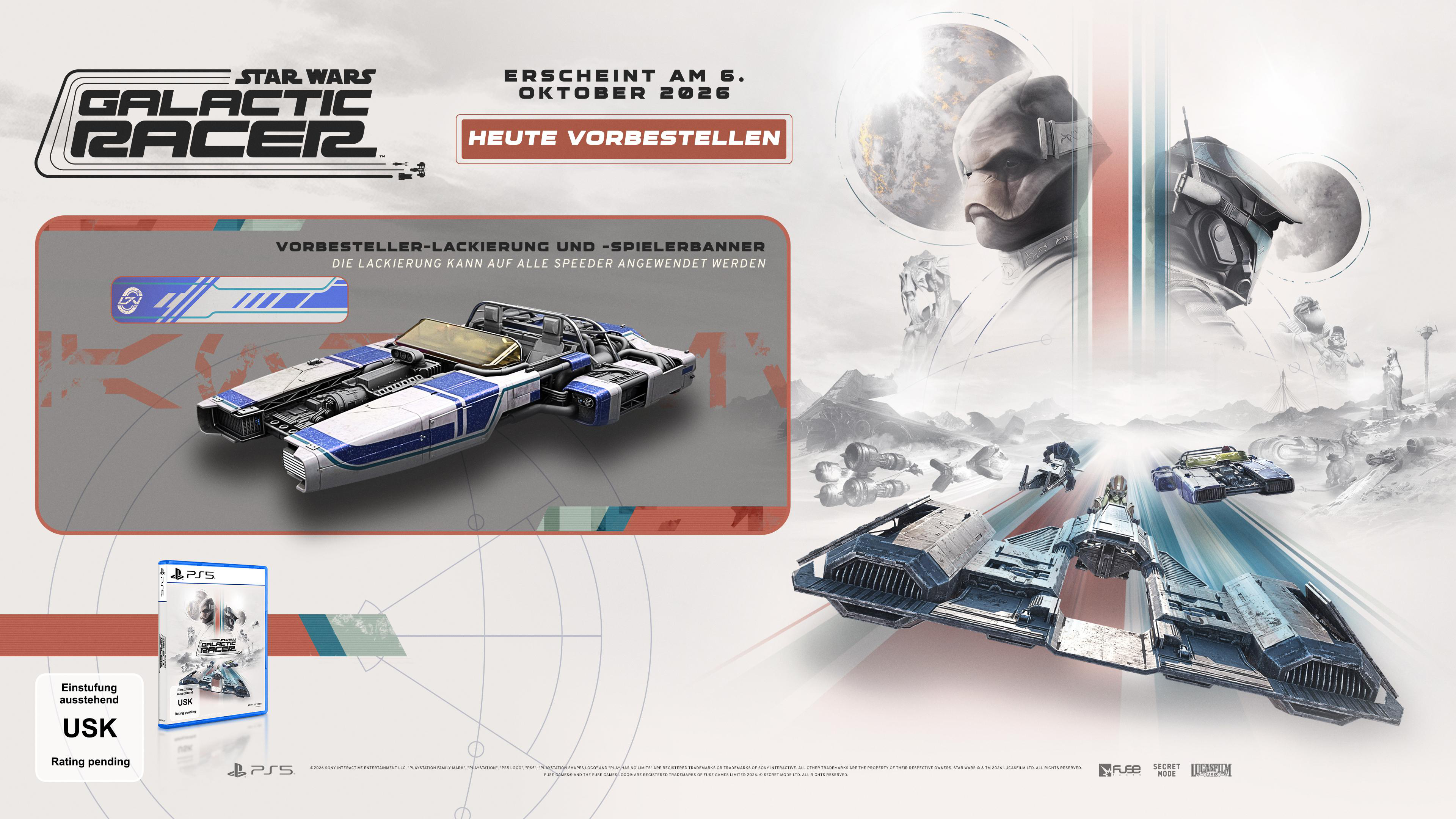 Star Wars: Galactic Racer mit Speeder-Rennen, Charakteren und PS5-Hülle. USK Rating pending.
