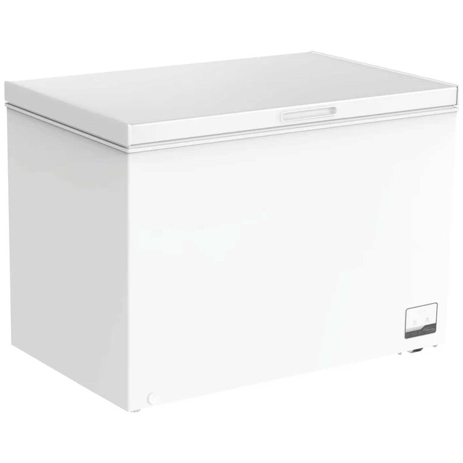 A white chest freezer with a handle and control panel on the right side.