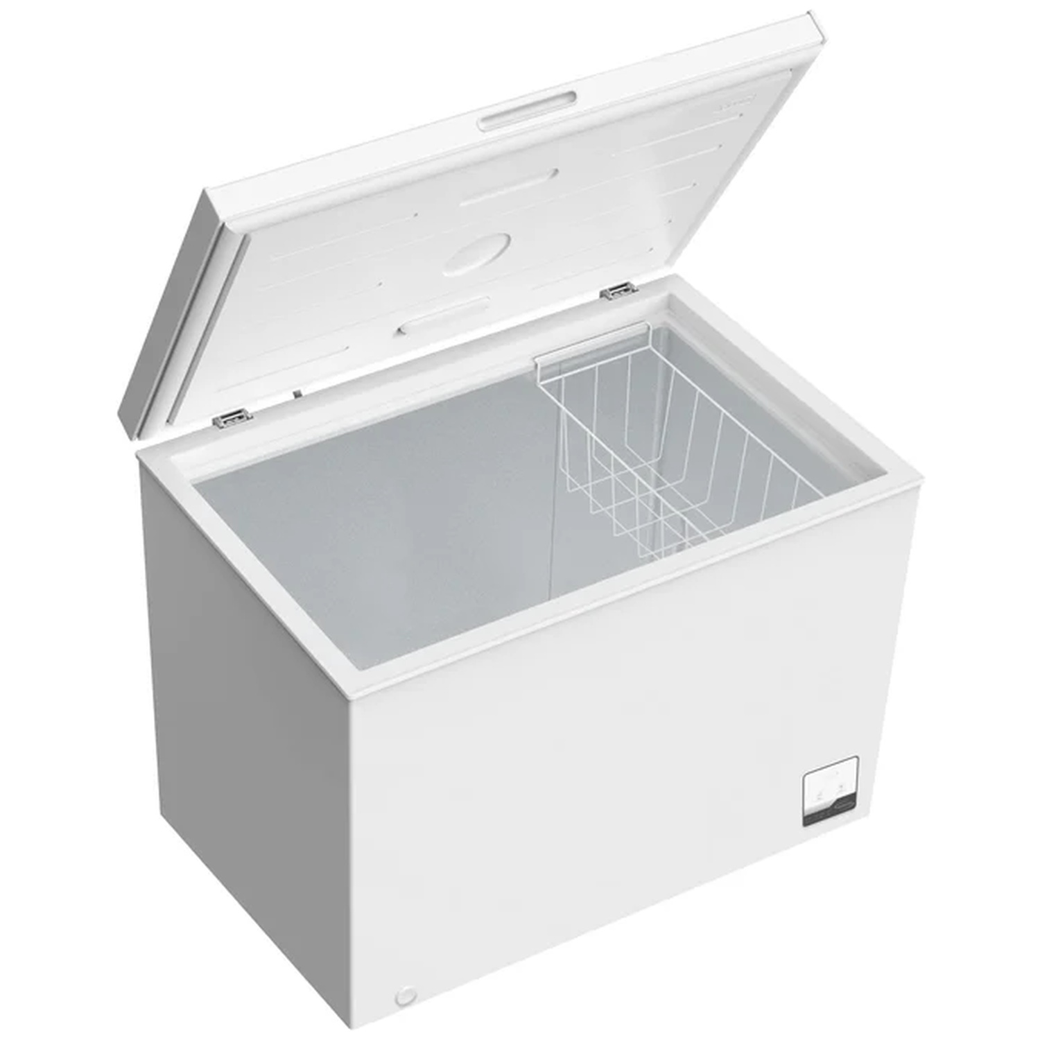 A white chest freezer with its lid open, revealing an empty interior and a wire basket.