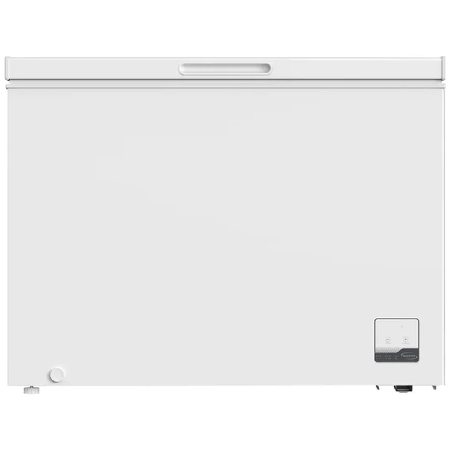 A white chest freezer with a handle on top and a control panel on the right side.