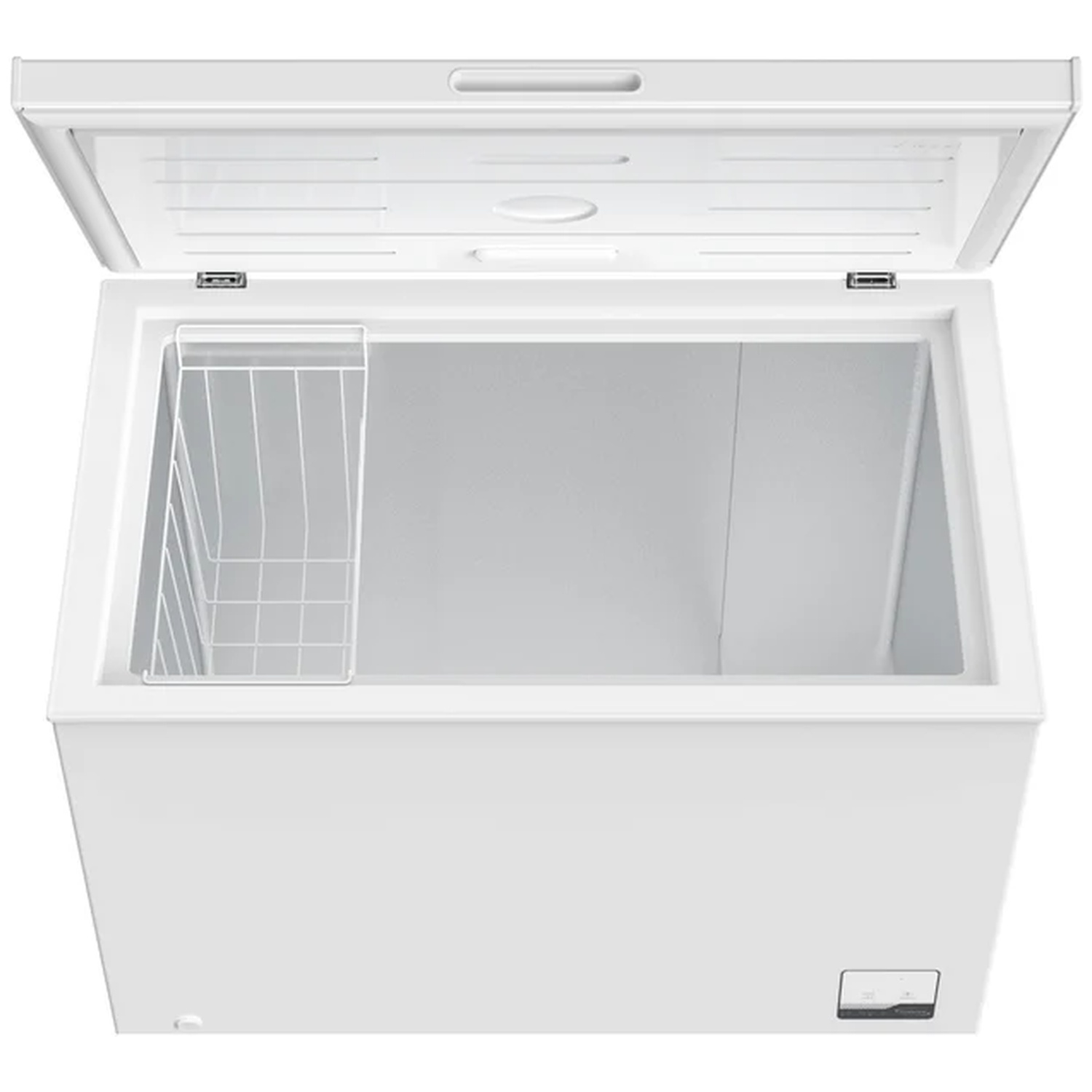 A white chest freezer with its lid open and a wire basket inside.