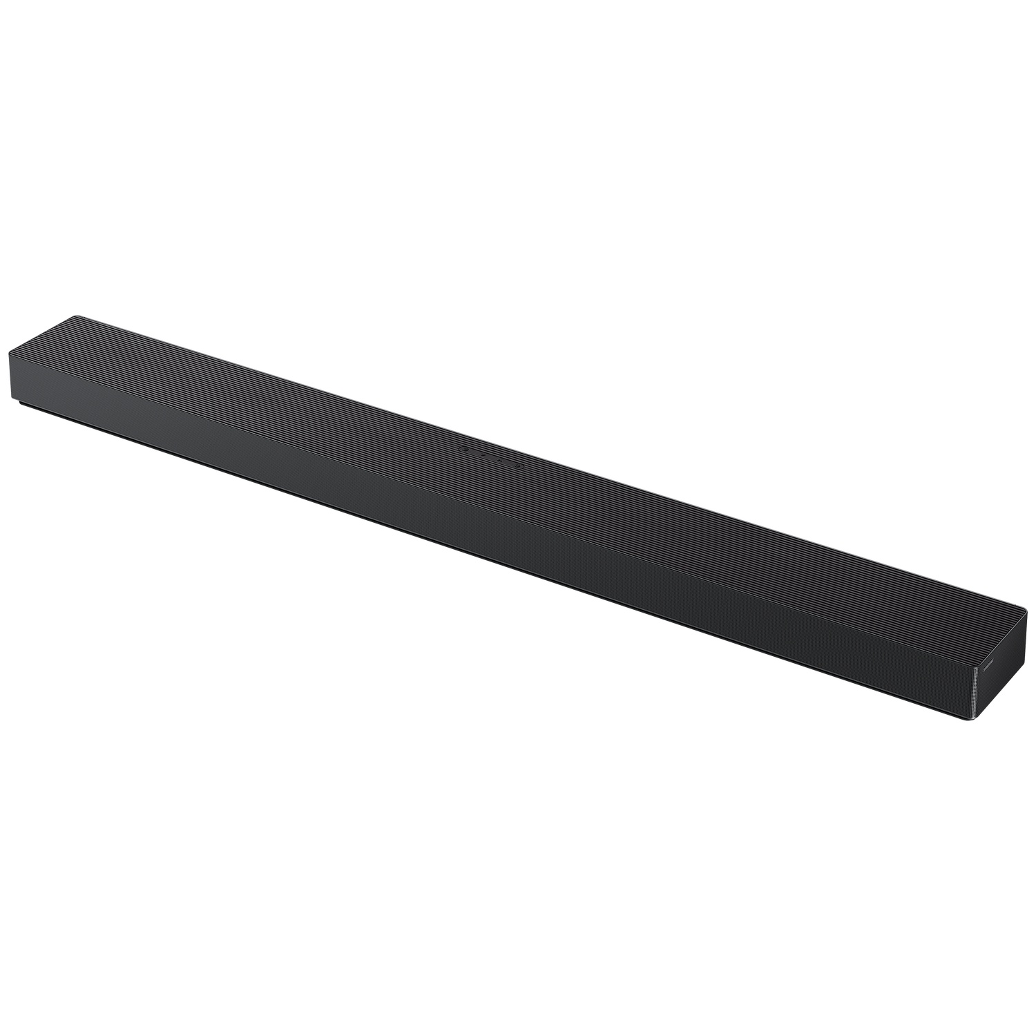 Barre de son rectangulaire noire à texture côtelée sur fond blanc.