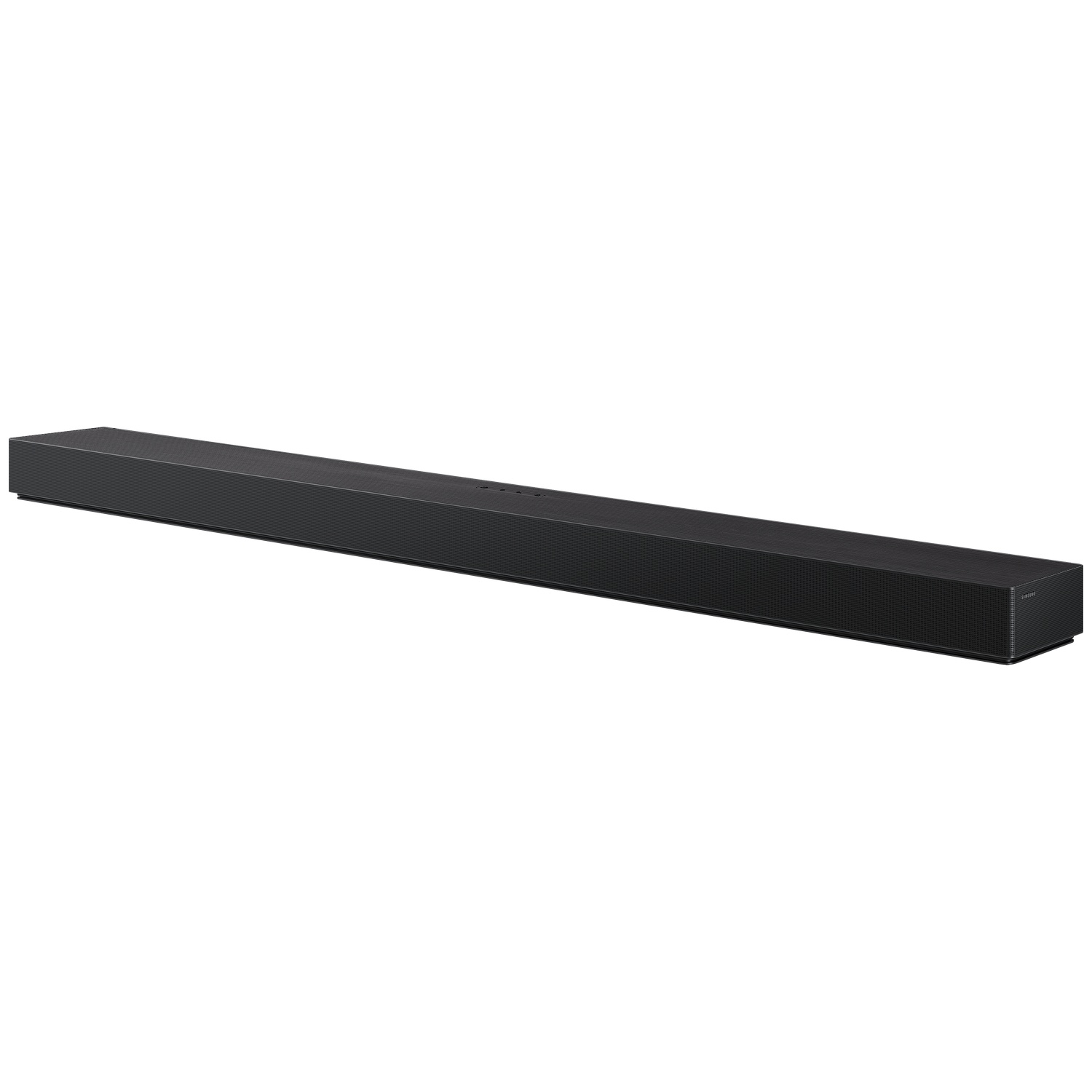 Une barre de son noire, longue et fine, avec une grille avant texturée et des boutons sur le dessus.