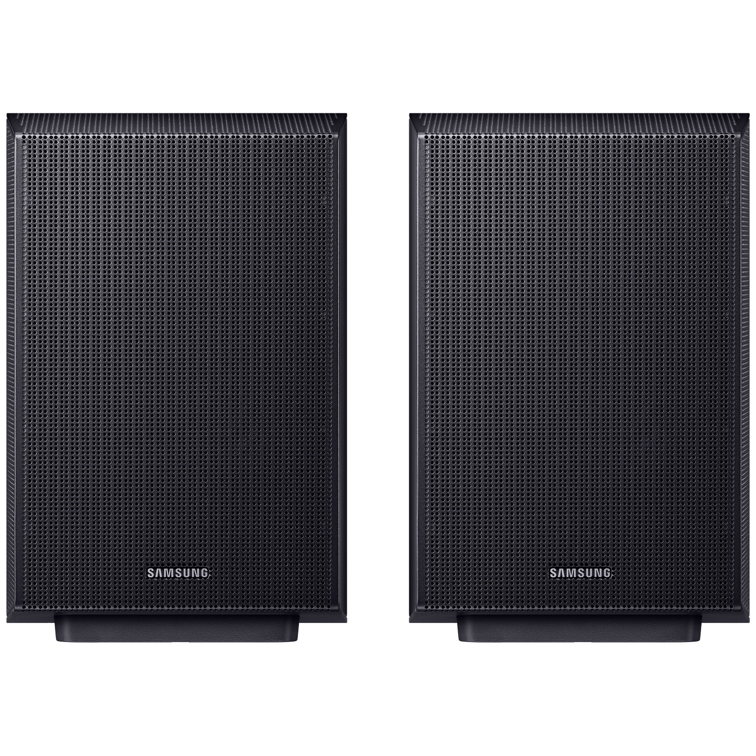 Deux haut-parleurs Samsung noirs côte à côte sur fond blanc.