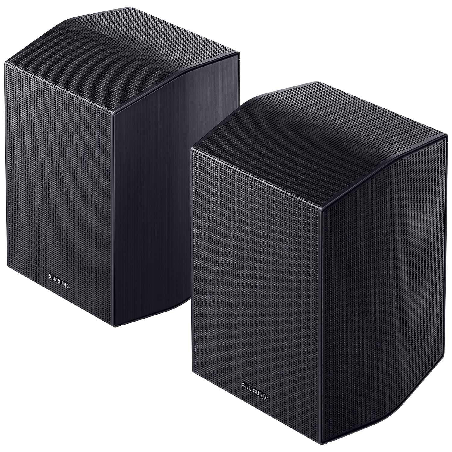 Deux enceintes noires Samsung avec façades perforées sur fond blanc.