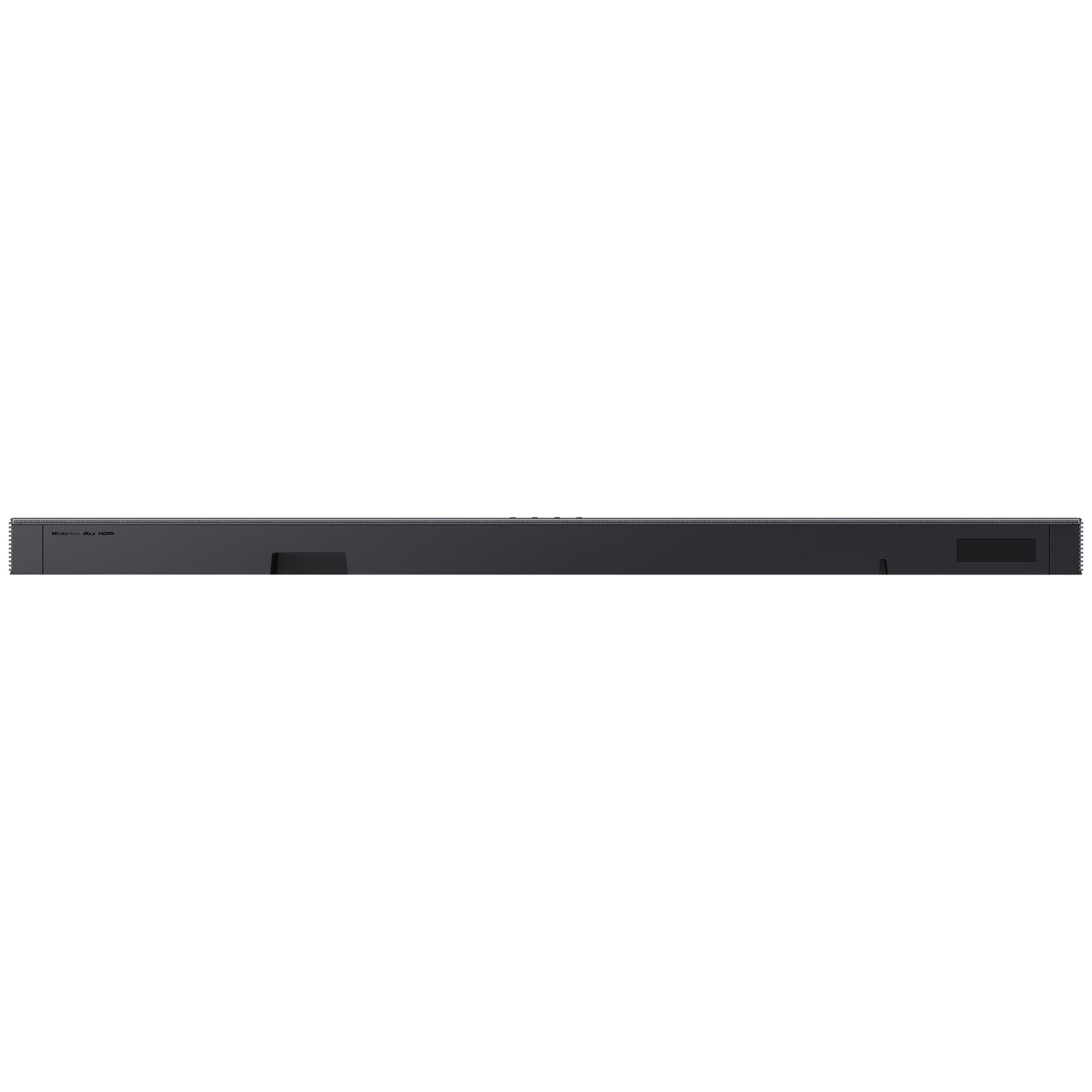Barre de son noire et fine avec logo HDMI Dolby Atmos et DTS:X.