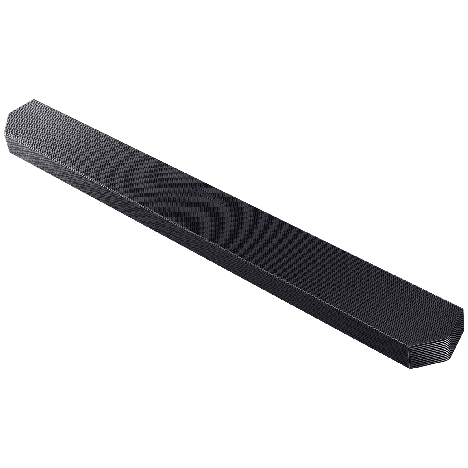 Une barre de son rectangulaire noire à texture nervurée sur fond blanc.