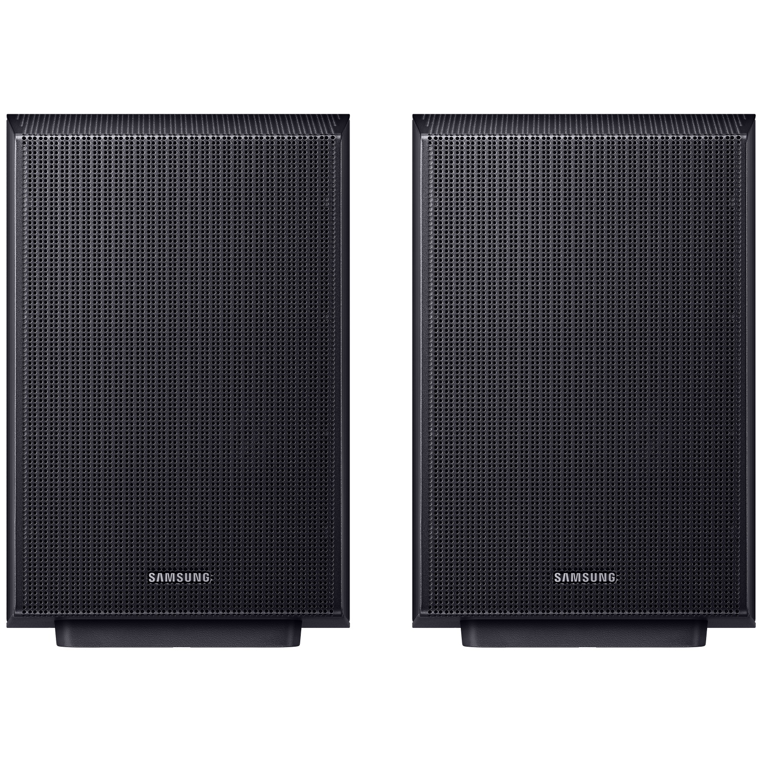 Deux haut-parleurs noirs Samsung côte à côte sur fond blanc.