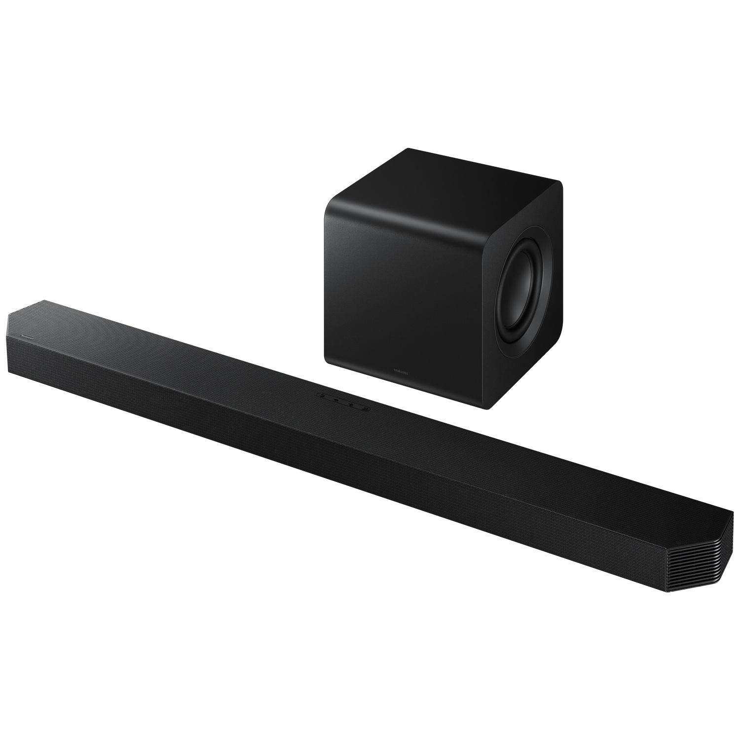 Barre de son et caisson de basses noirs sur fond blanc.