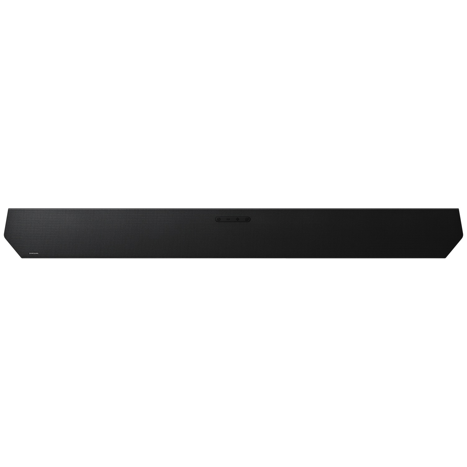 Une barre de son Samsung noire avec des boutons sur le dessus est affichée sur fond blanc.