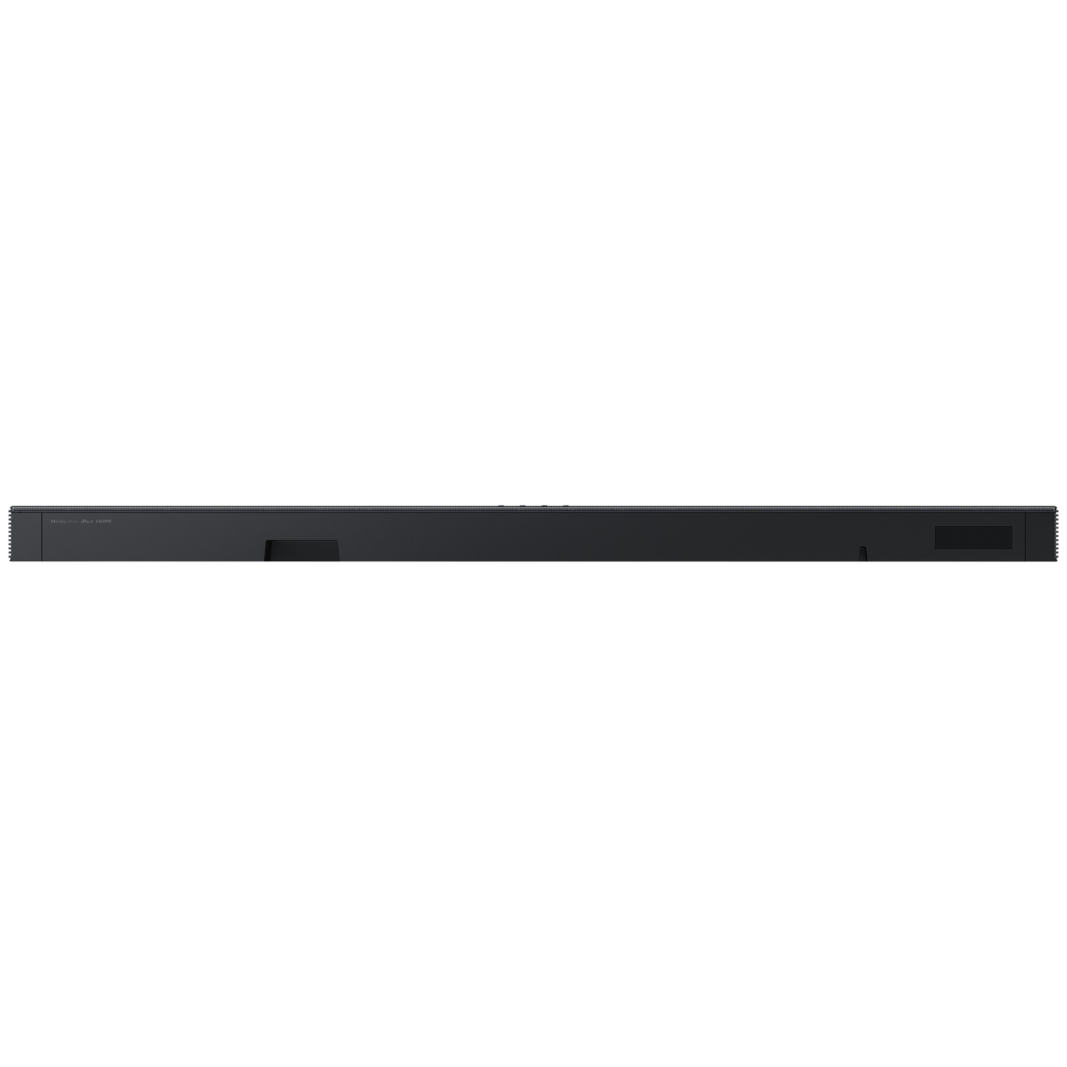 Barre de son noire et fine avec texte Dolby Atmos et HDMI.