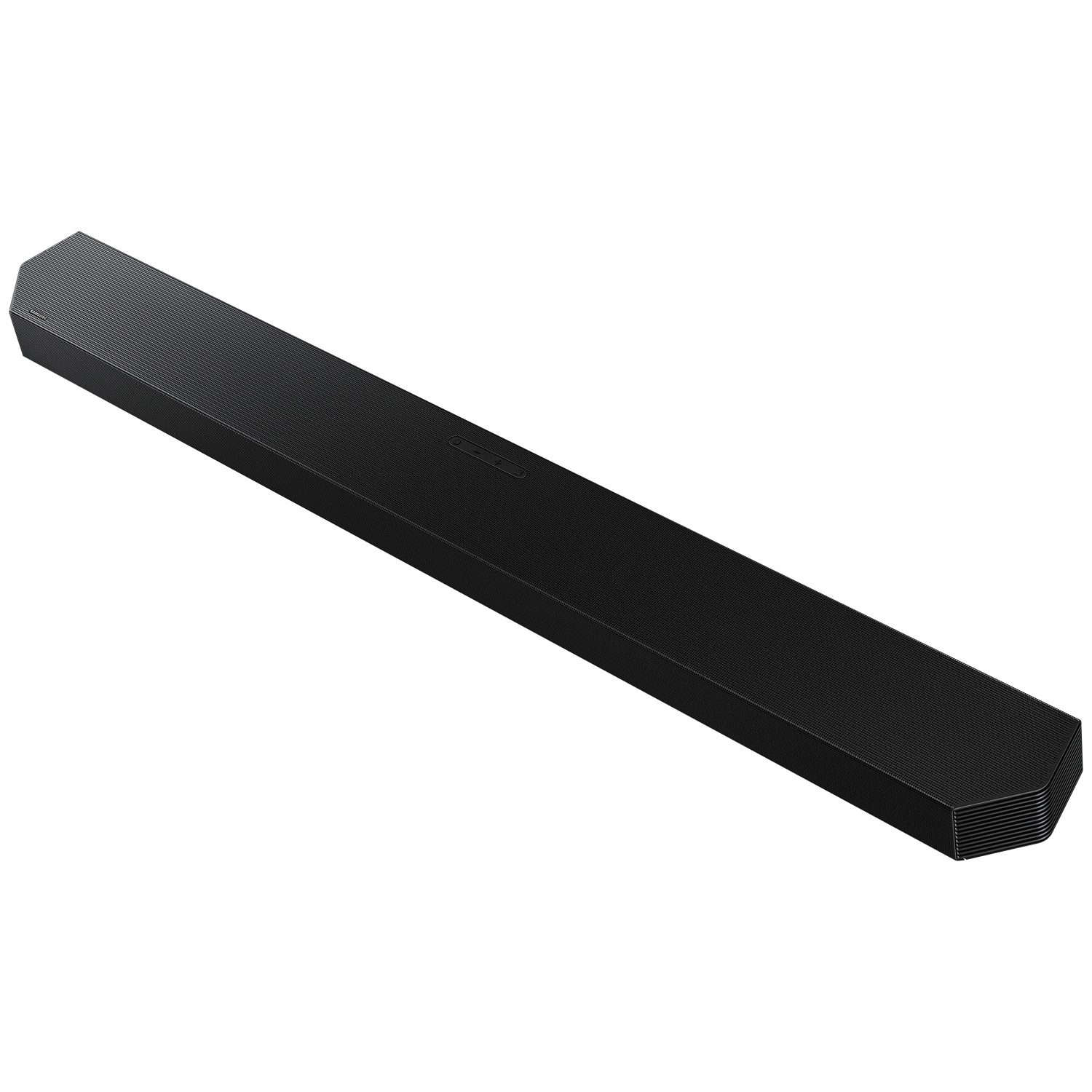 Barre de son noire et mince avec texture nervurée, sur fond blanc.