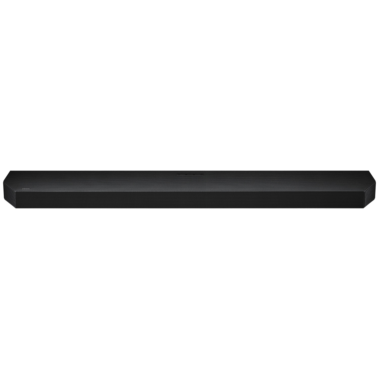 Une barre de son Samsung noire à grille texturée est centrée sur fond blanc.