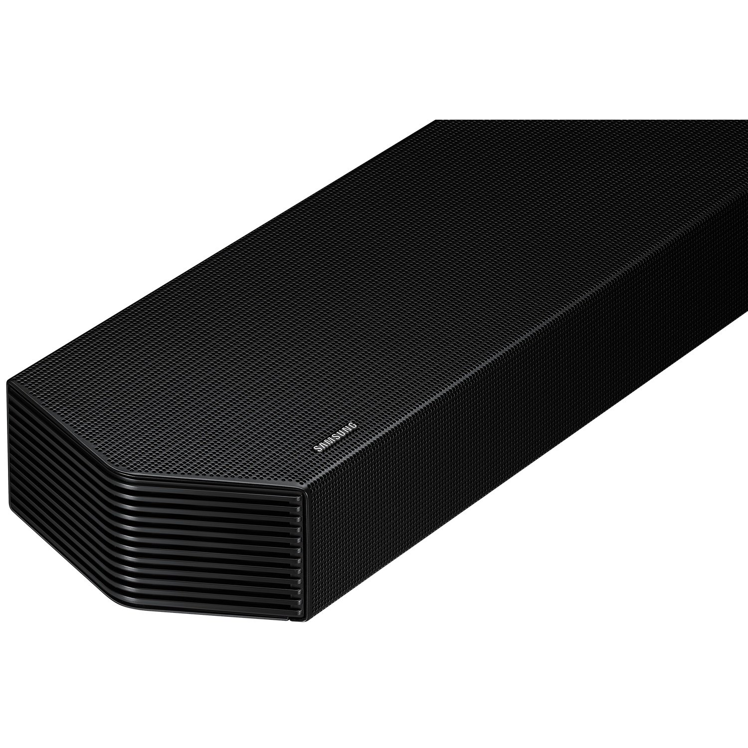 Barre de son Samsung noire avec boîtier nervuré et perforé.