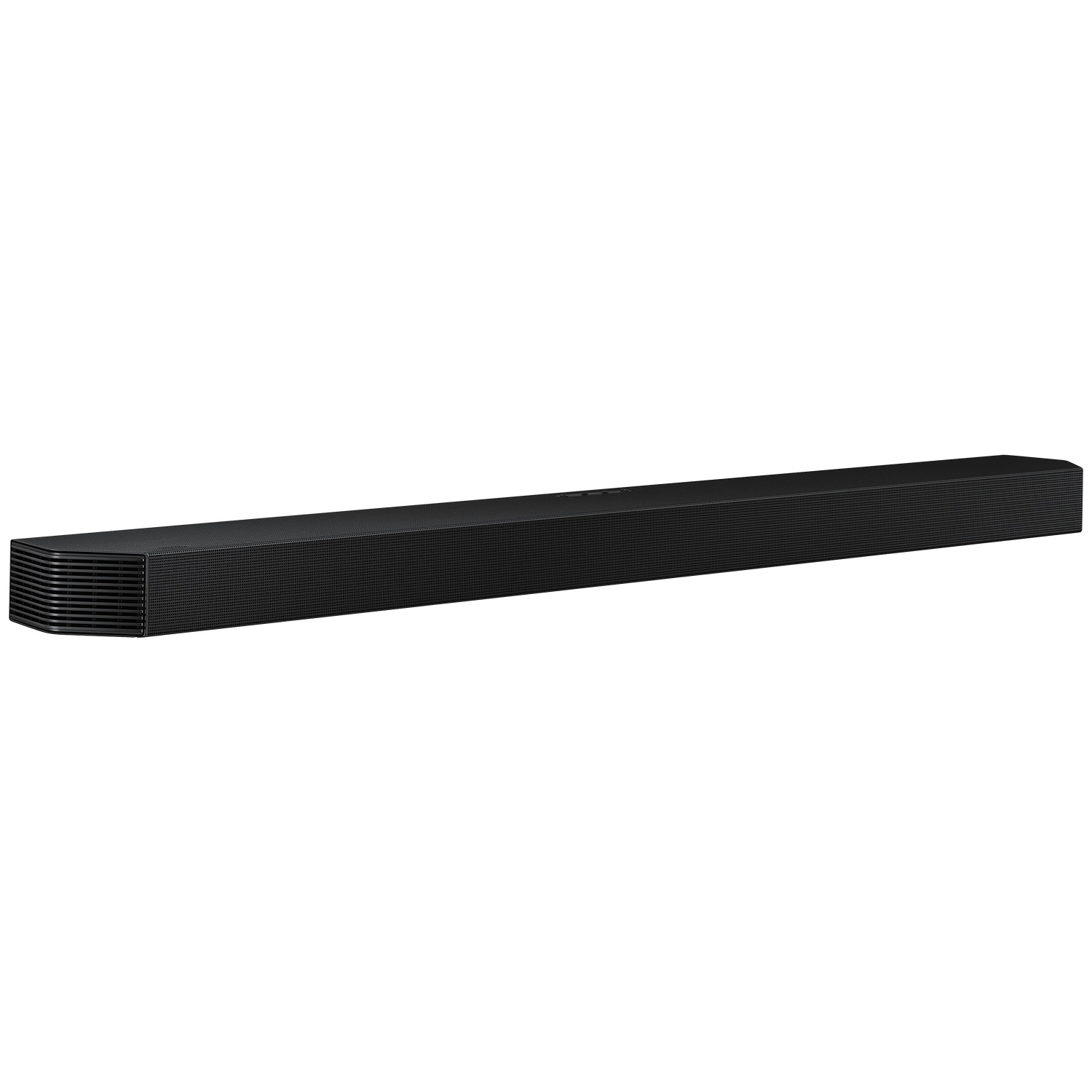 Haut-parleur de barre de son rectangulaire noir avec façade nervurée sur fond blanc.