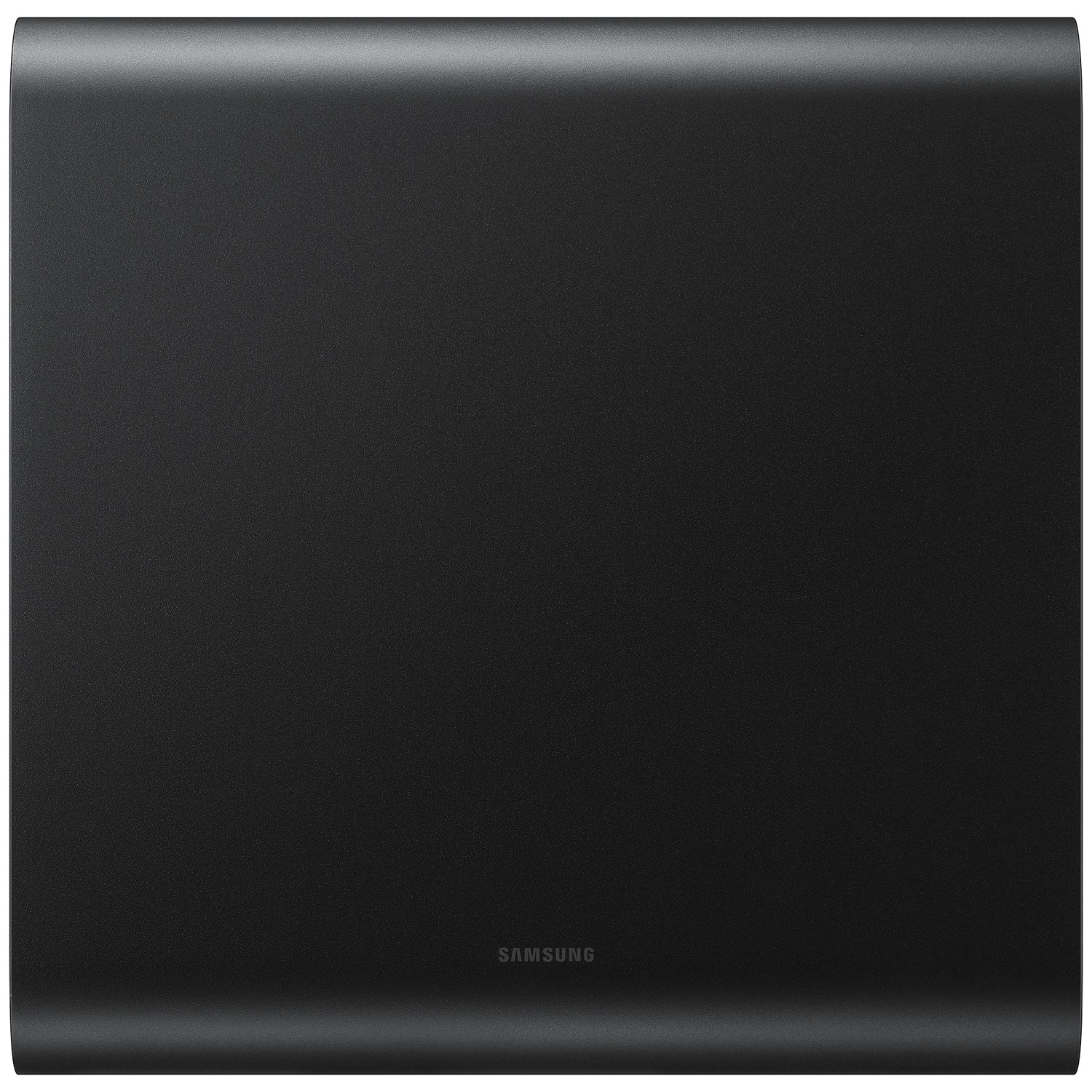 Un subwoofer Samsung noir avec un bord supérieur incurvé.
