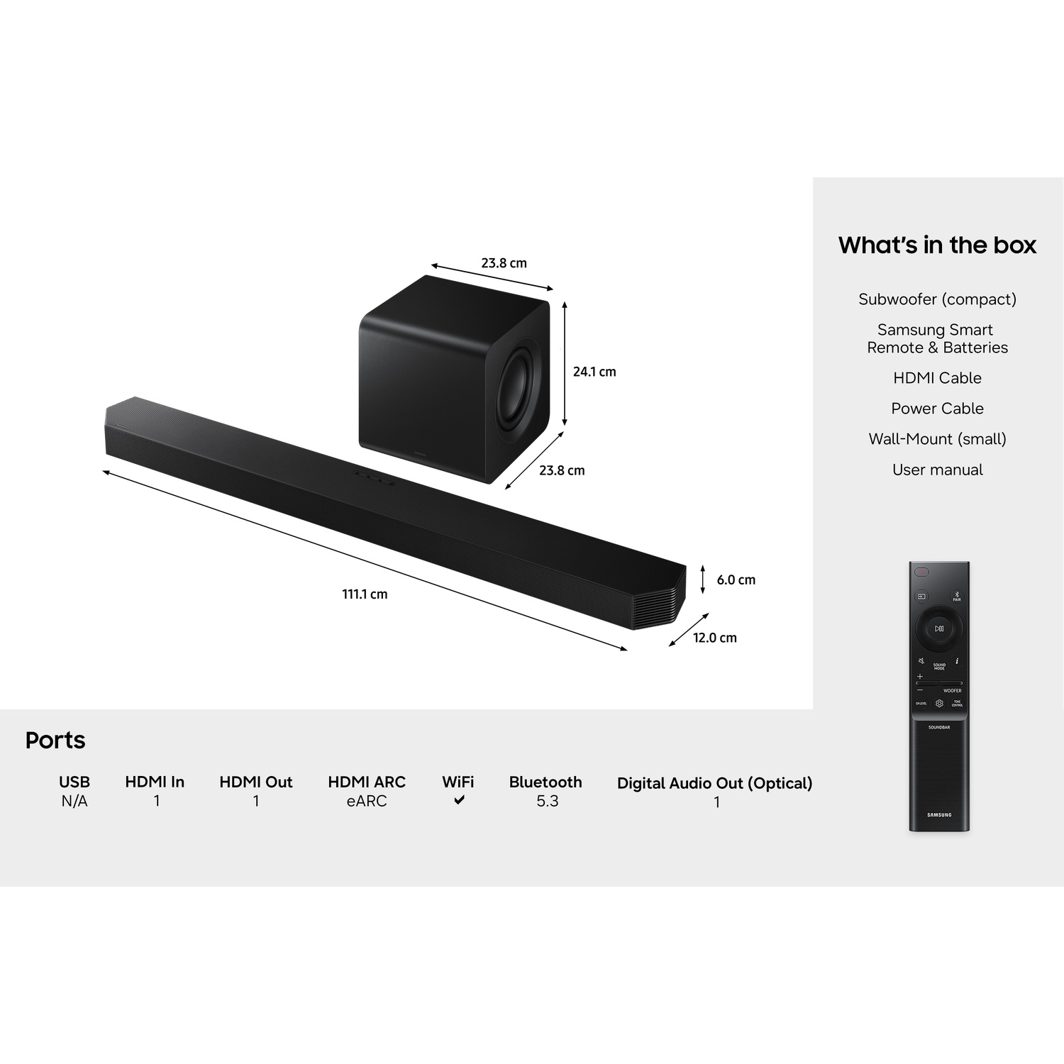 Barre de son, caisson de basses, télécommande et dimensions noirs. Inclut des ports comme HDMI et USB.