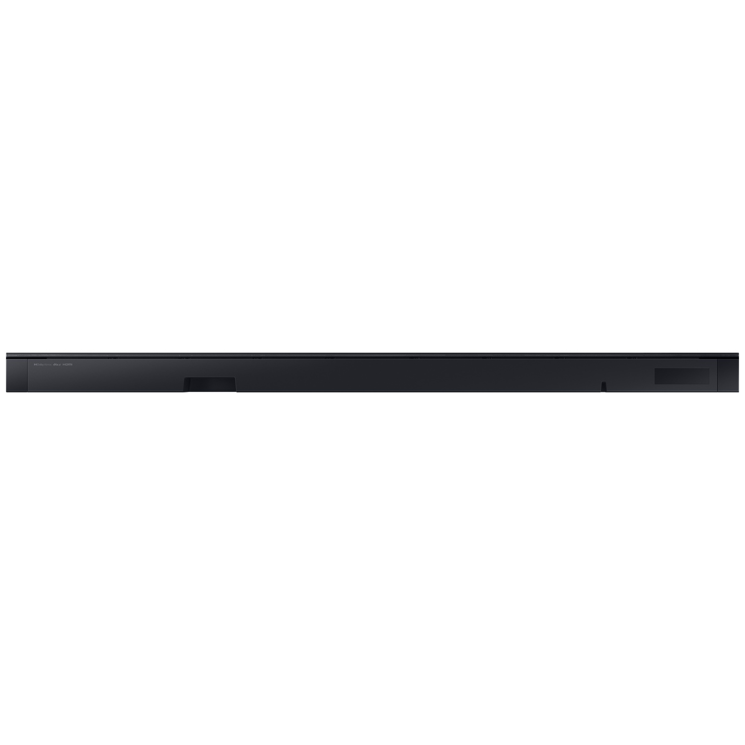 Barre de son noire et fine avec logos Dolby Atmos et DTS:X.
