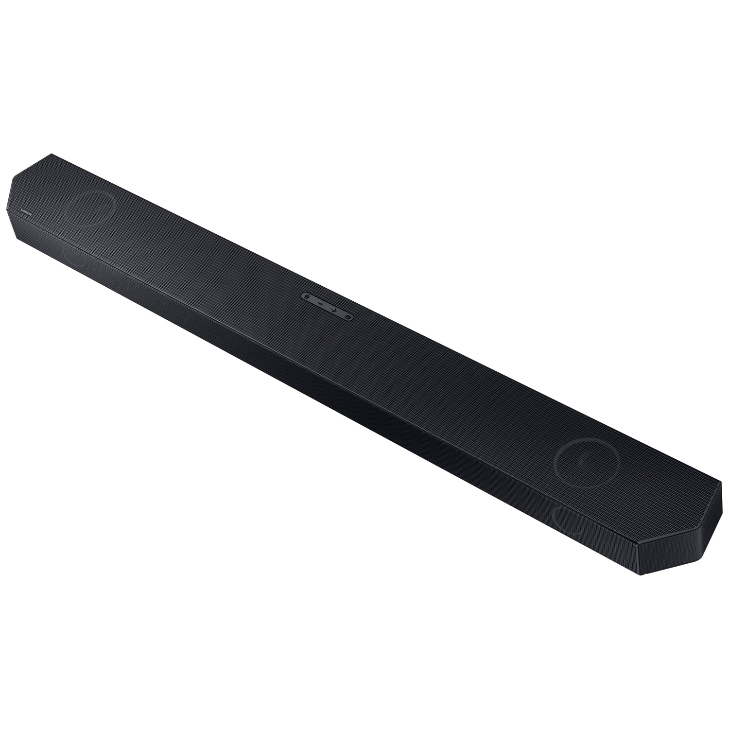 Barre de son noire octogonale avec surface nervurée et boutons.
