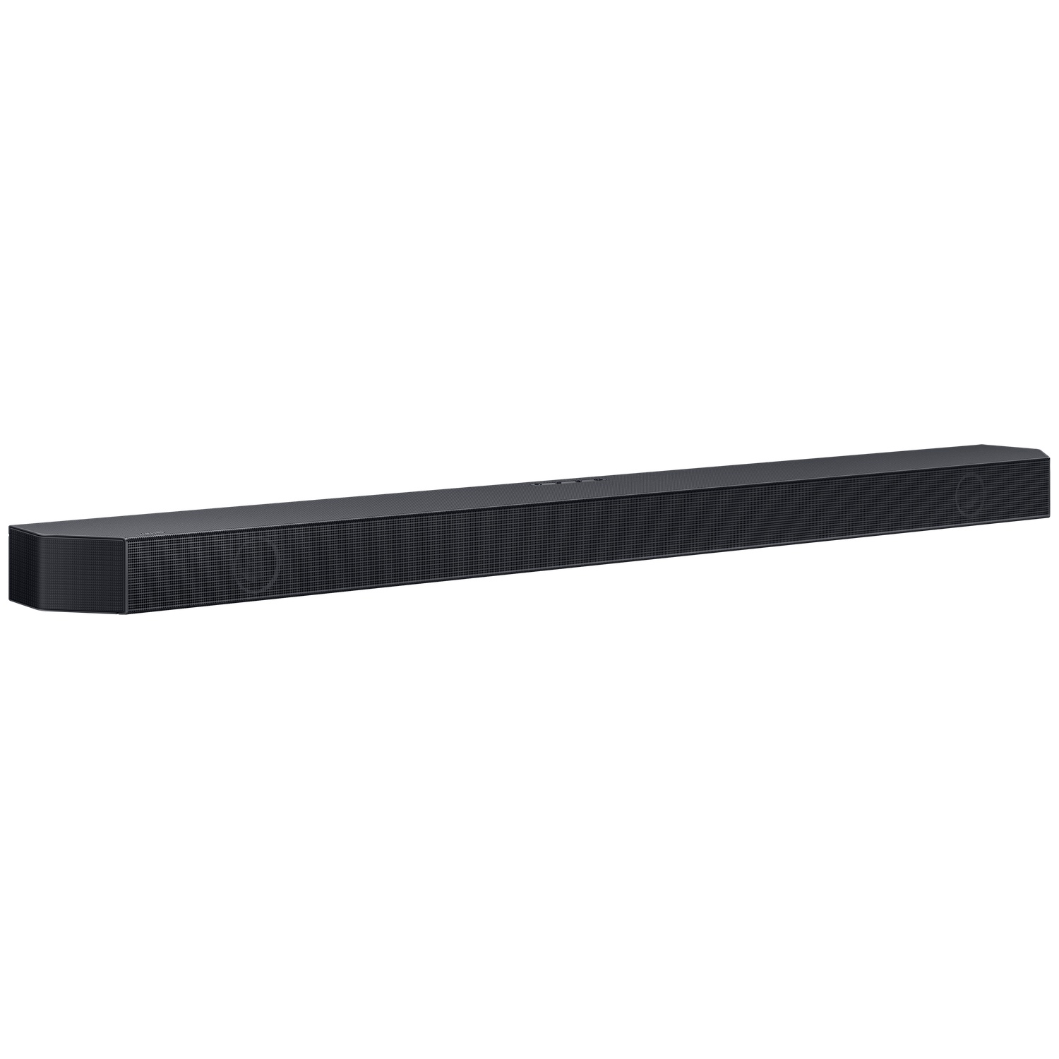 Barre de son rectangulaire noire avec des grilles de haut-parleur sur les côtés.