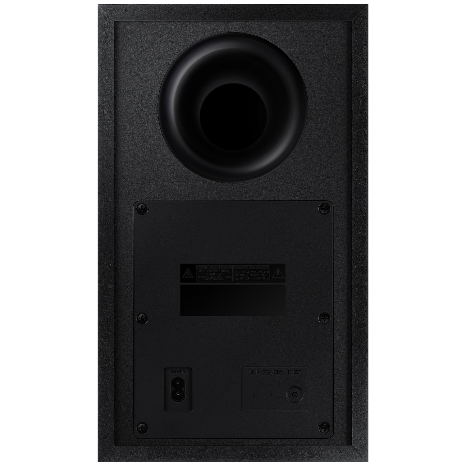 Arrière d'un haut-parleur noir avec ports et étiquettes d'avertissement.