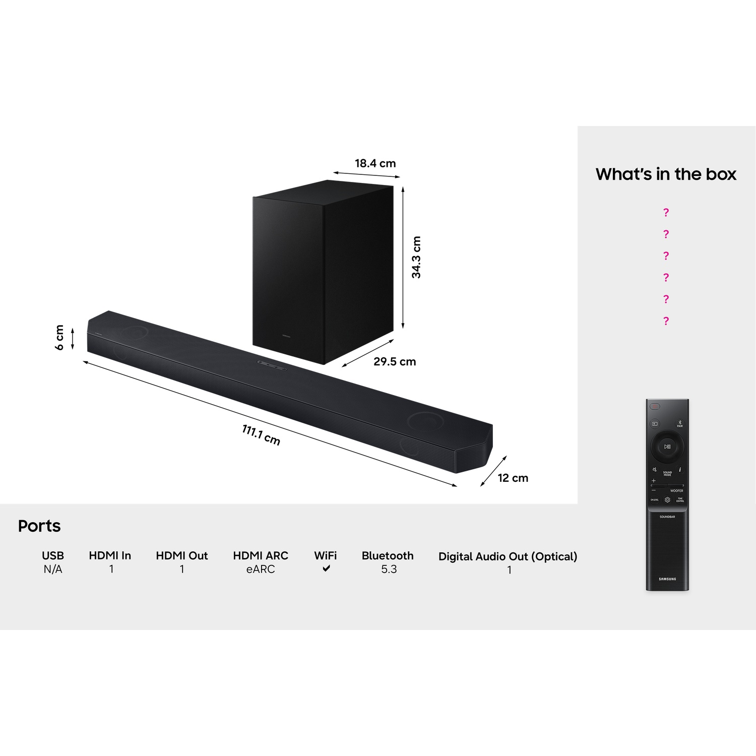 Barre de son, caisson de basse, télécommande et dimensions noirs. Ports: USB N/A, HDMI 1 In, 1 Out, WiFi, BT 5.3.
