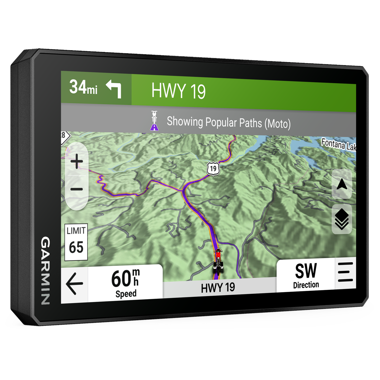 GPS device shows a motorcycle route on HWY 19 with a speed limit of 65.