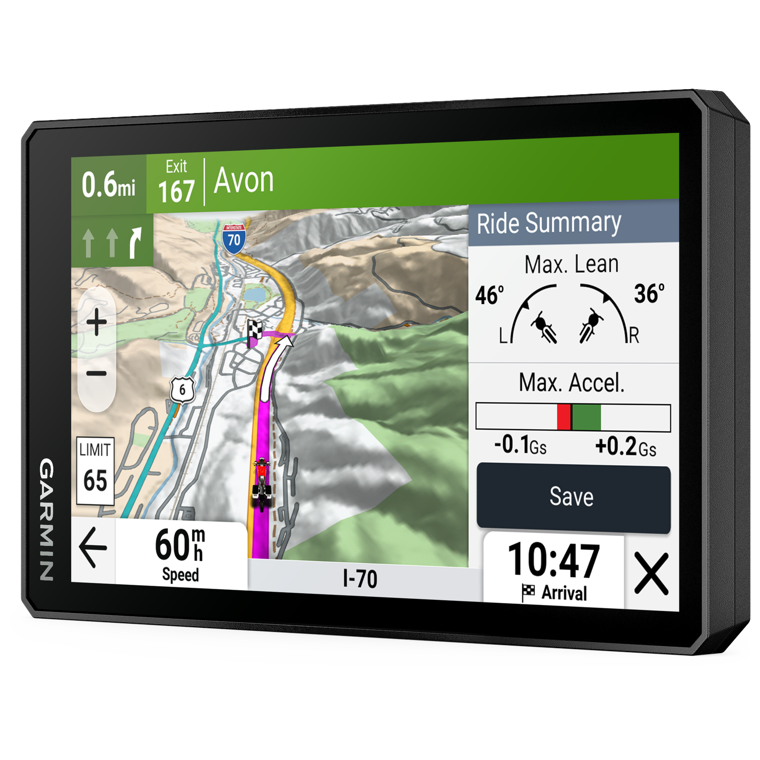Garmin GPS shows map, speed, route, ride summary & arrival time.