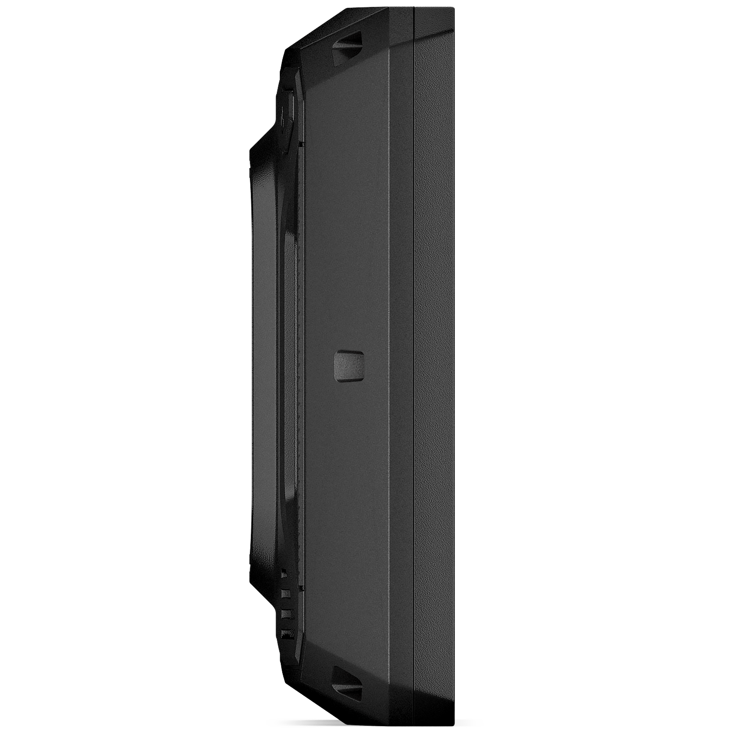Side view of a black rugged electronic device with textured surface and angled edges.